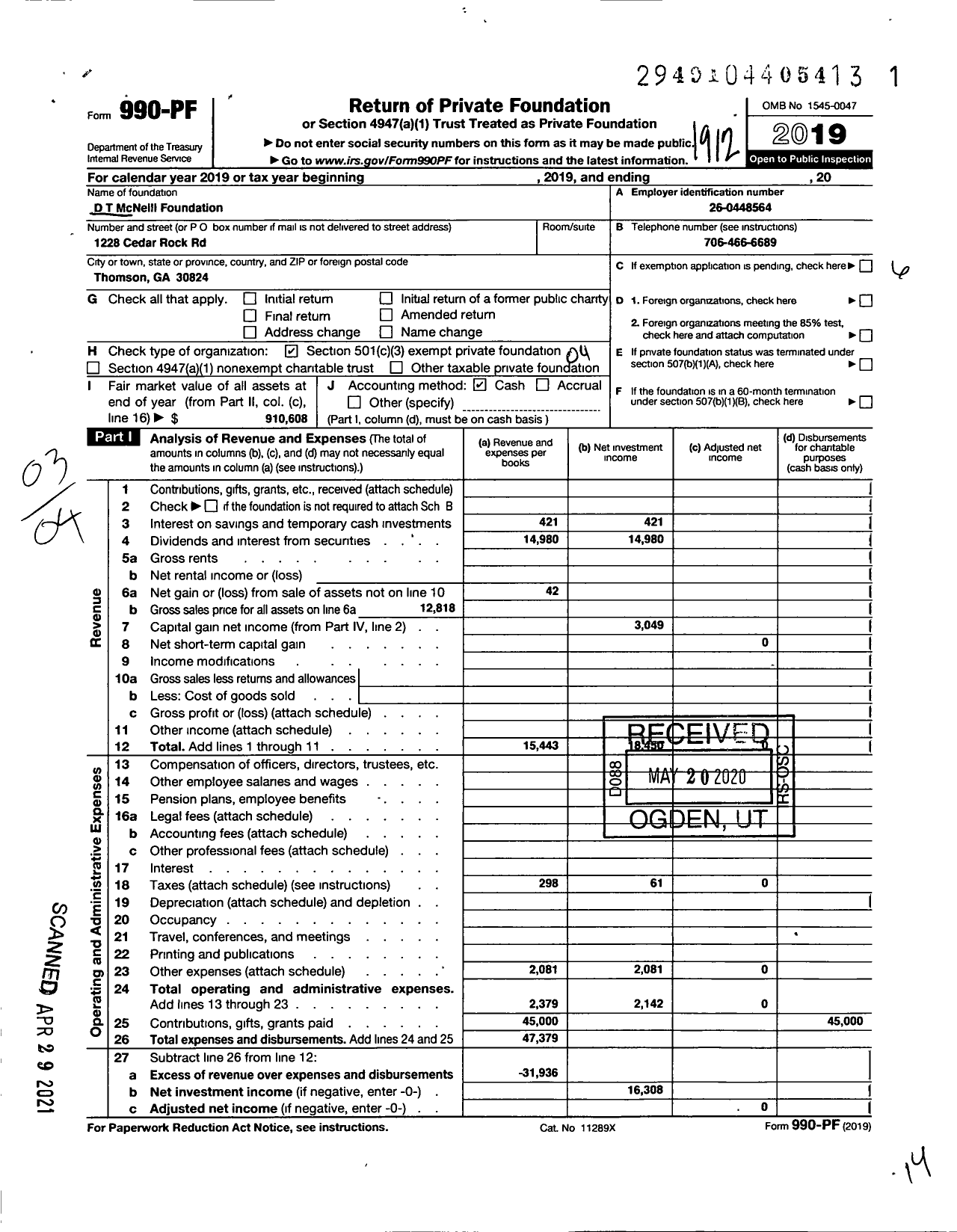 Image of first page of 2019 Form 990PF for D T Mcneill Foundation