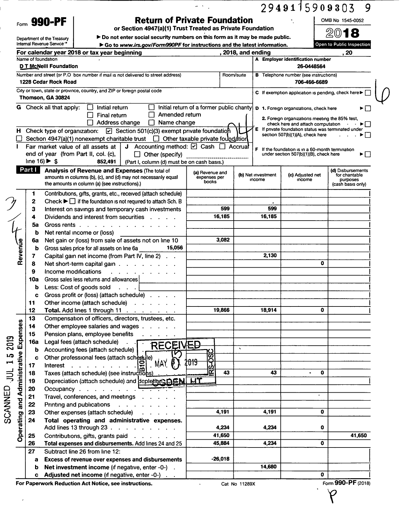 Image of first page of 2018 Form 990PF for D T Mcneill Foundation