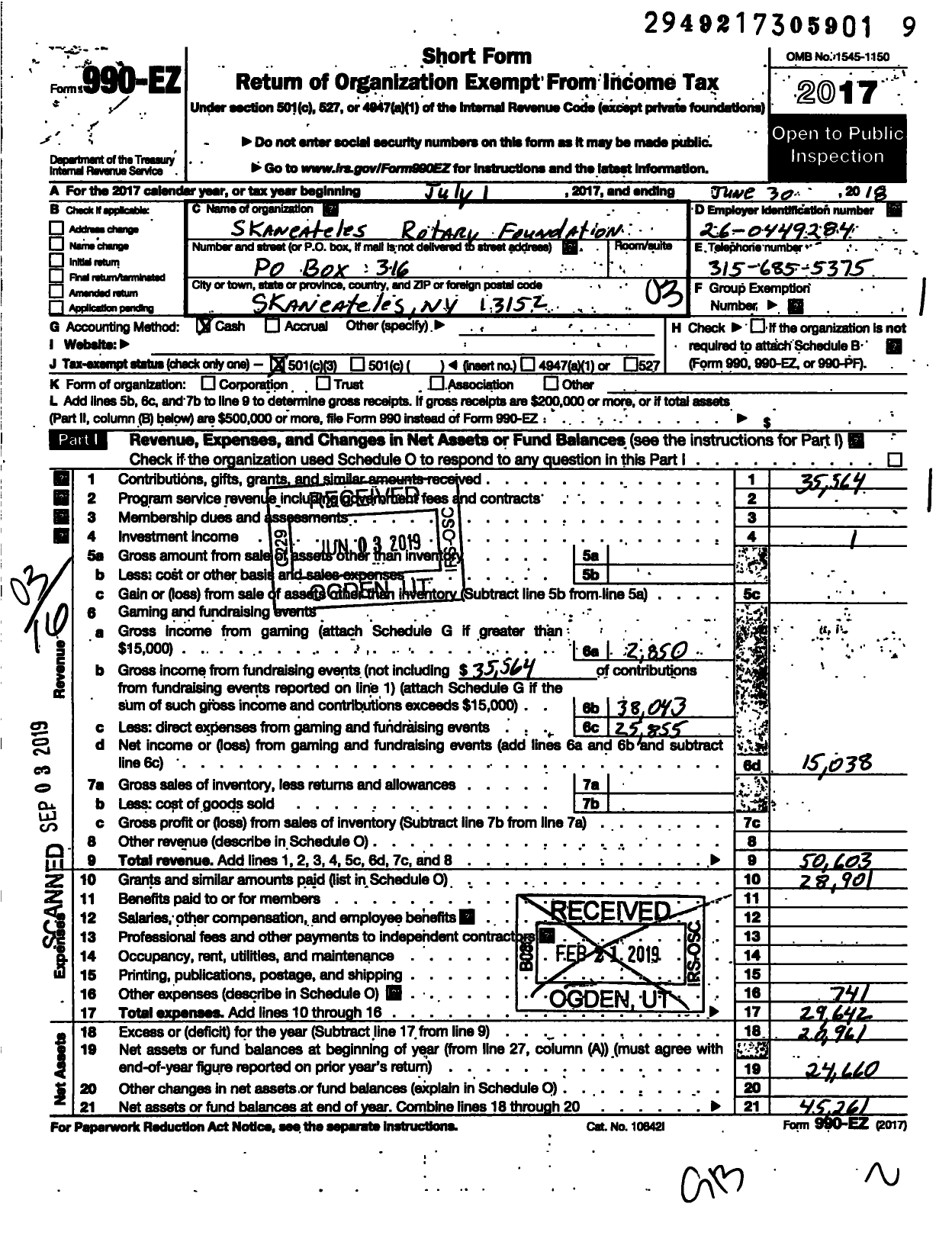 Image of first page of 2017 Form 990EZ for Skaneateles Rotary Foundation Skaneateles Rotary Foundation