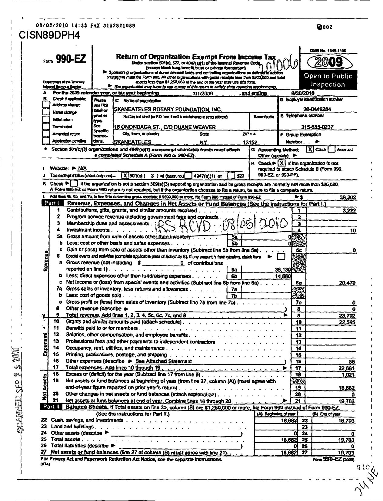 Image of first page of 2009 Form 990EZ for Skaneateles Rotary Foundation Skaneateles Rotary Foundation