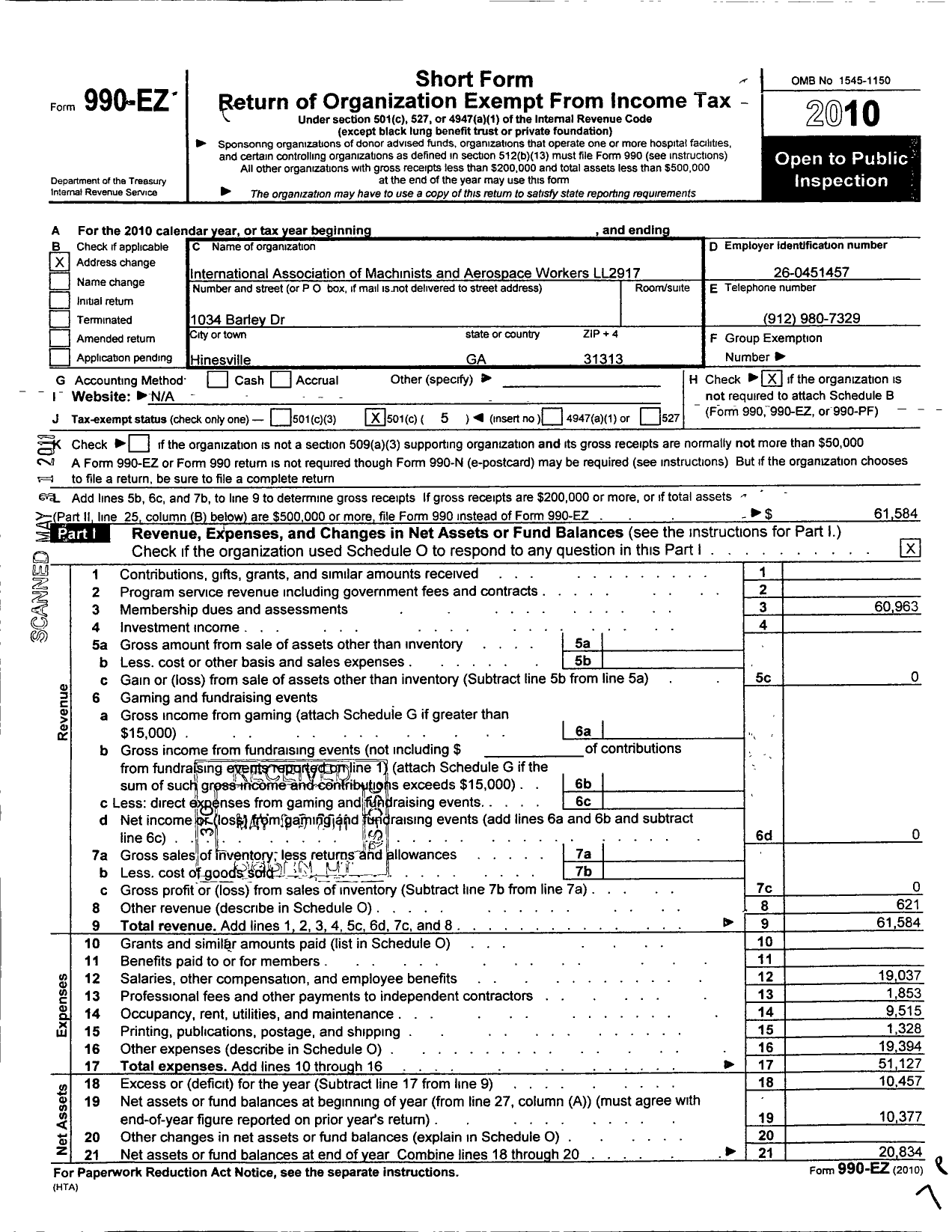 Image of first page of 2010 Form 990EO for International Association of Machinists and Aerospace Workers - 2917