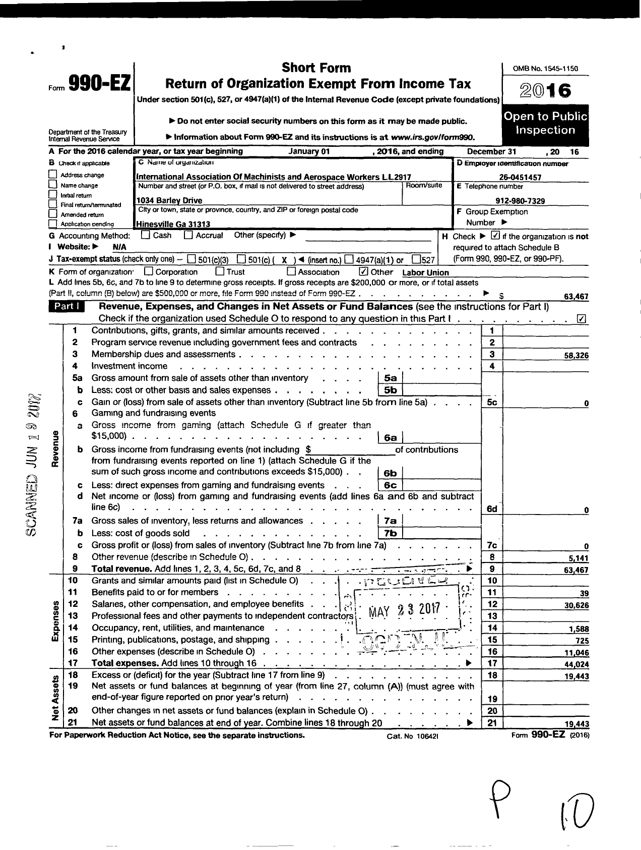 Image of first page of 2016 Form 990EO for International Association of Machinists and Aerospace Workers - 2917