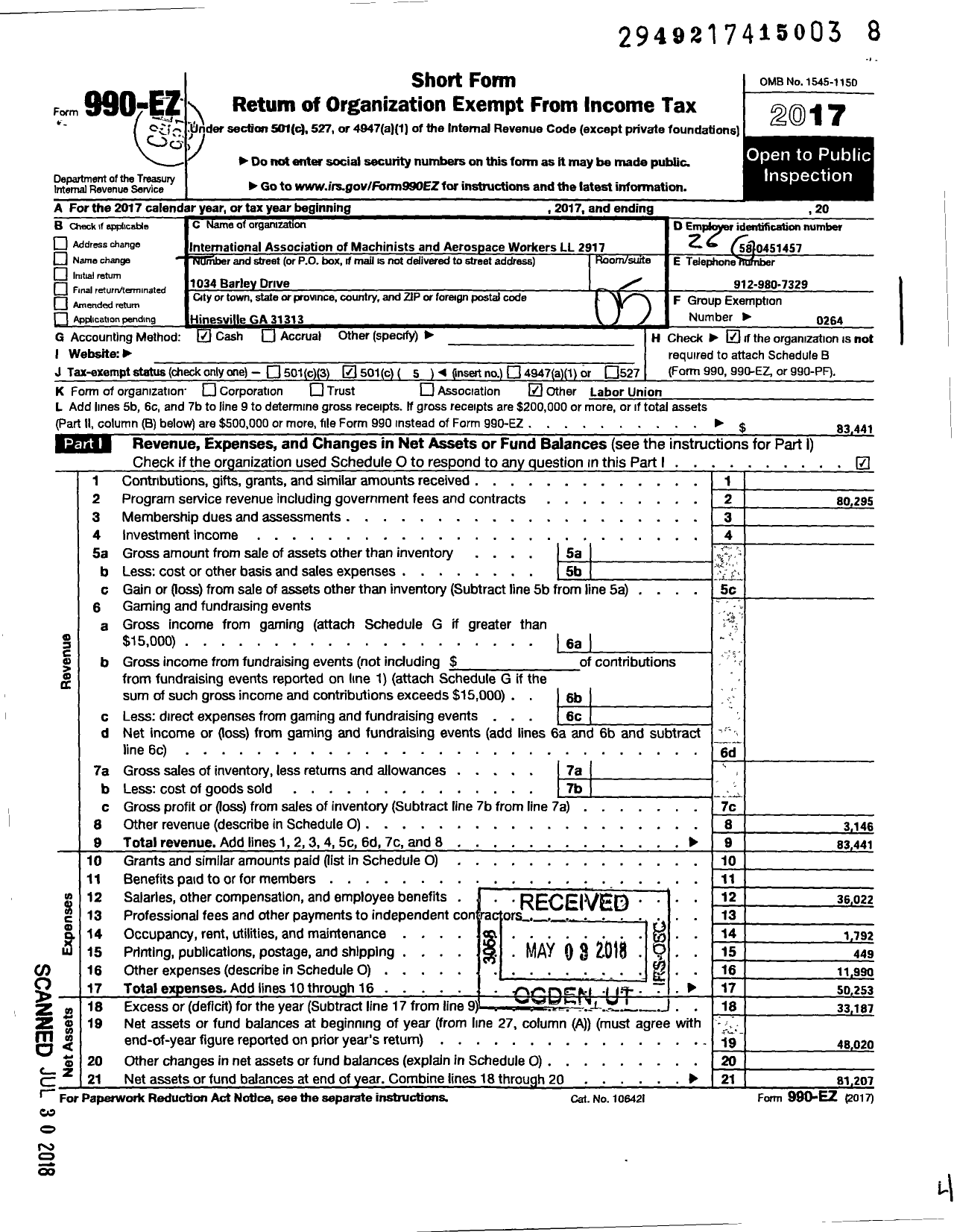 Image of first page of 2017 Form 990EO for International Association of Machinists and Aerospace Workers - 2917