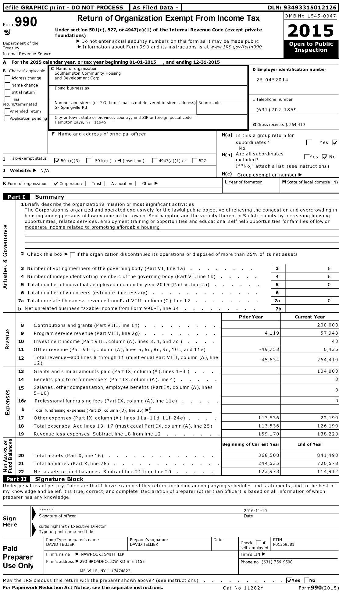 Image of first page of 2015 Form 990 for Southampton Community Housing and Development Corporation