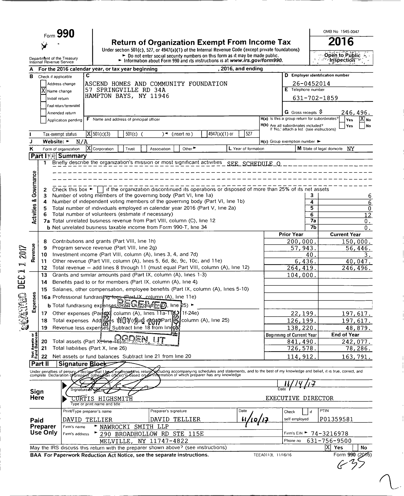 Image of first page of 2016 Form 990 for Southampton Community Housing and Development Corporation