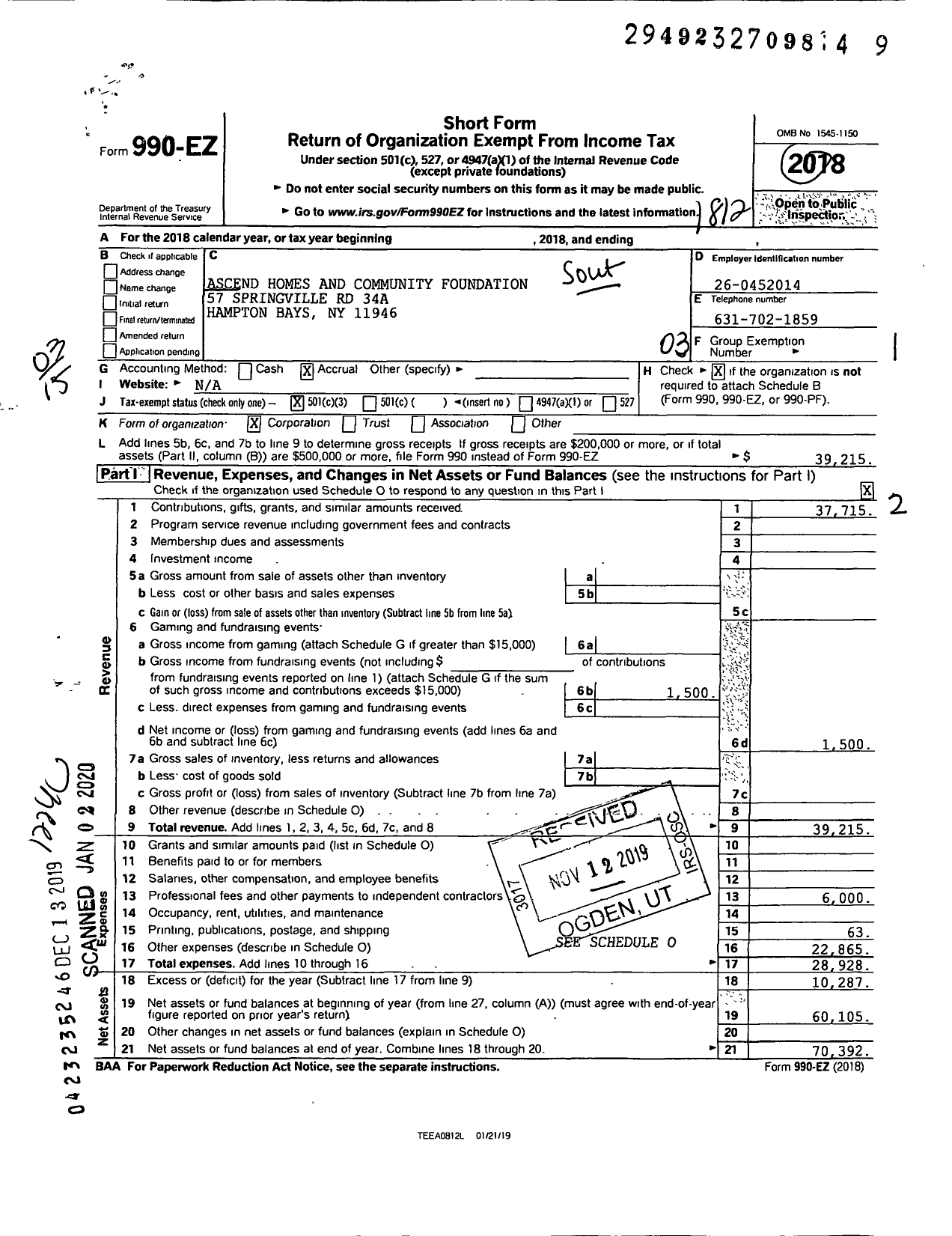 Image of first page of 2018 Form 990EZ for Southampton Community Housing and Development Corporation