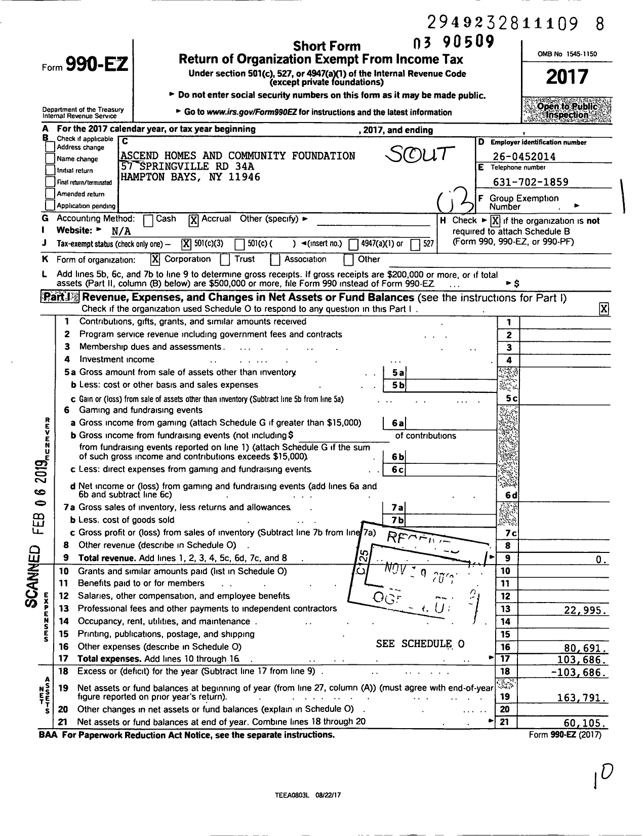 Image of first page of 2017 Form 990EZ for Southampton Community Housing and Development Corporation