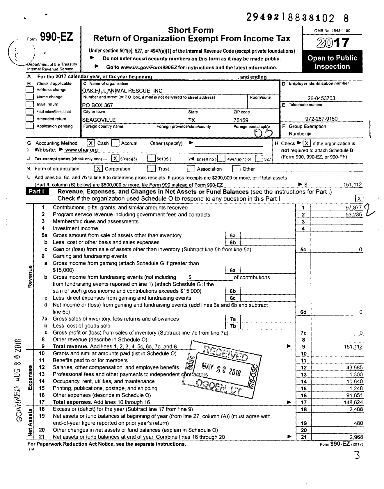 Image of first page of 2017 Form 990EZ for Oak Hill Animal Rescue