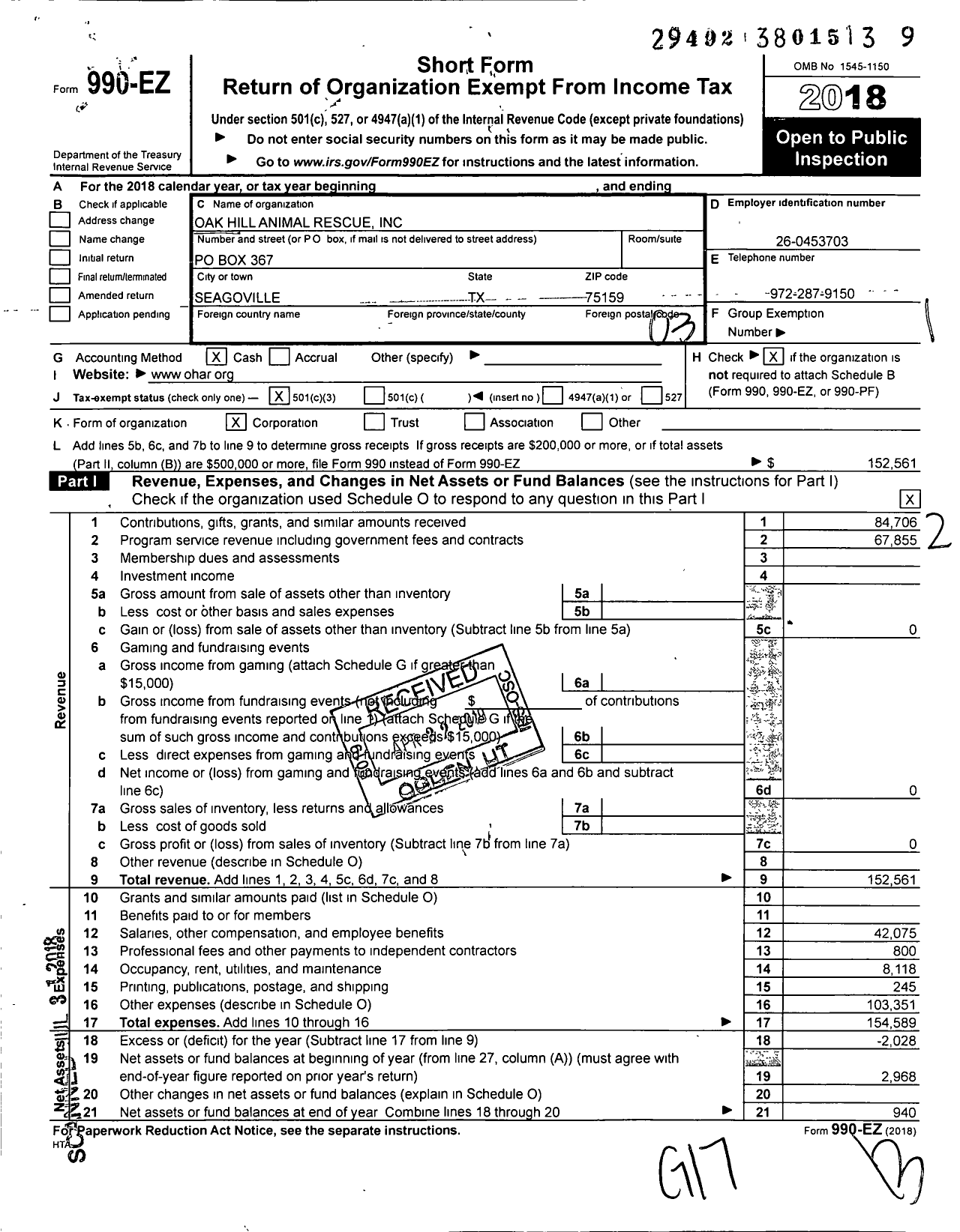 Image of first page of 2018 Form 990 for Oak Hill Animal Rescue