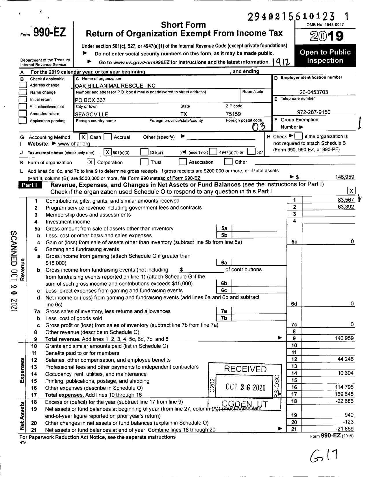 Image of first page of 2019 Form 990EZ for Oak Hill Animal Rescue