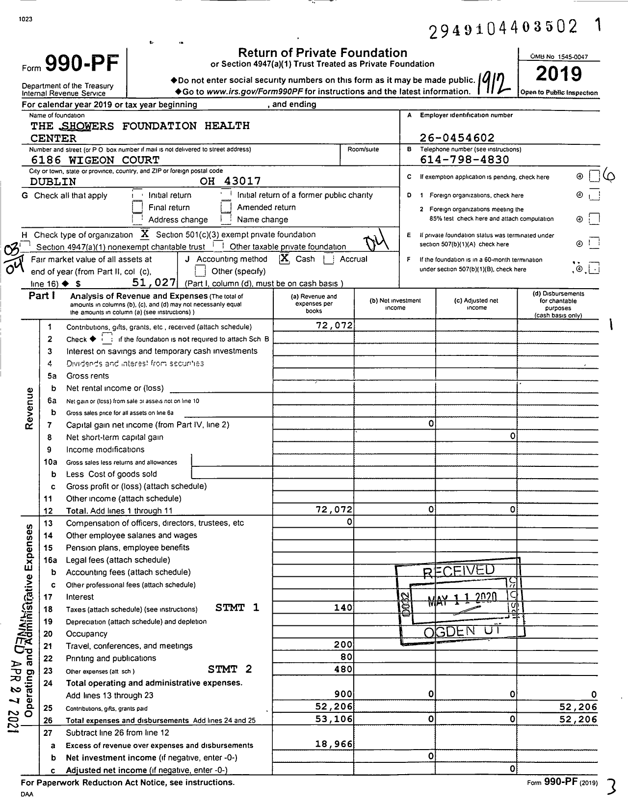 Image of first page of 2019 Form 990PF for The Showers Foundation Health Center