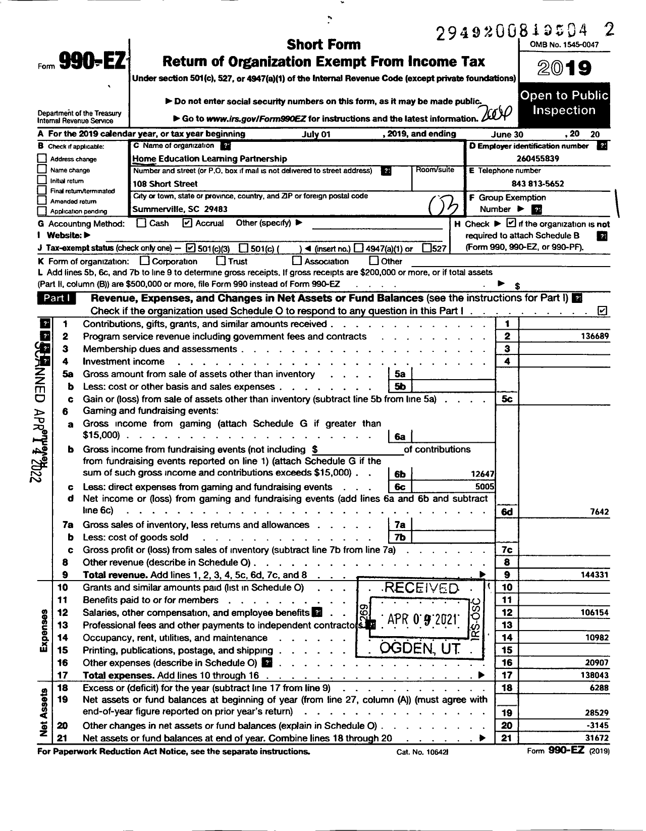 Image of first page of 2019 Form 990EZ for Home Education Learning Partnership