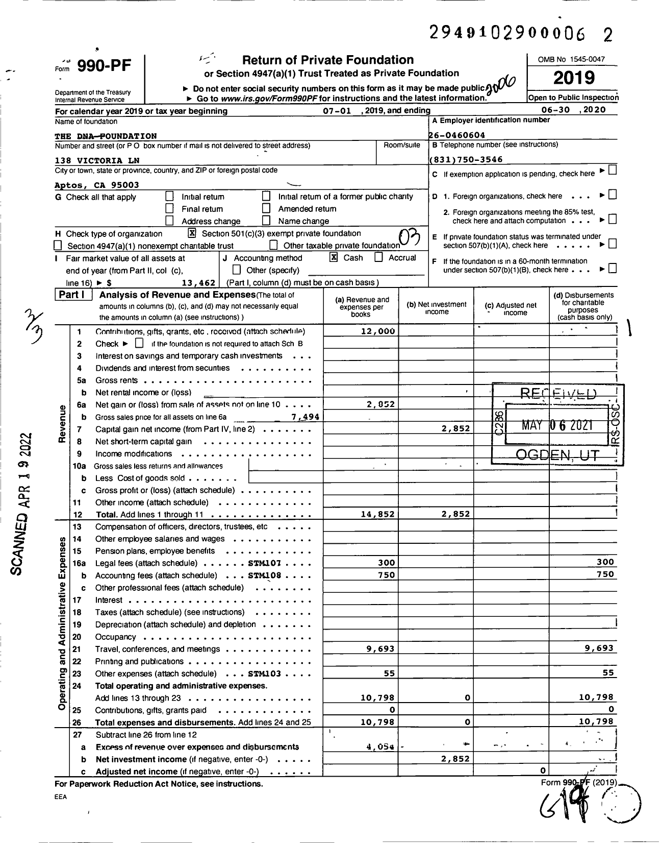 Image of first page of 2019 Form 990PF for The Dna Foundation