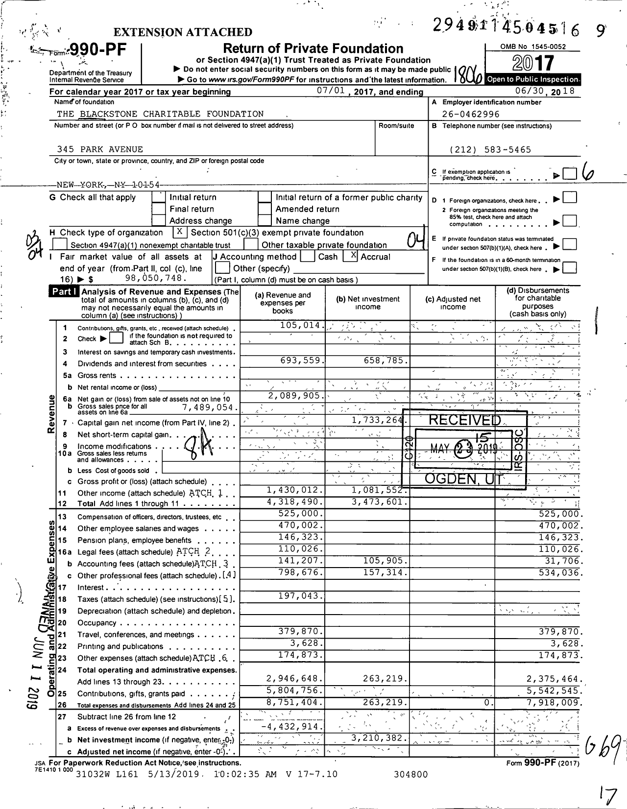 Image of first page of 2017 Form 990PF for The Blackstone Charitable Foundation