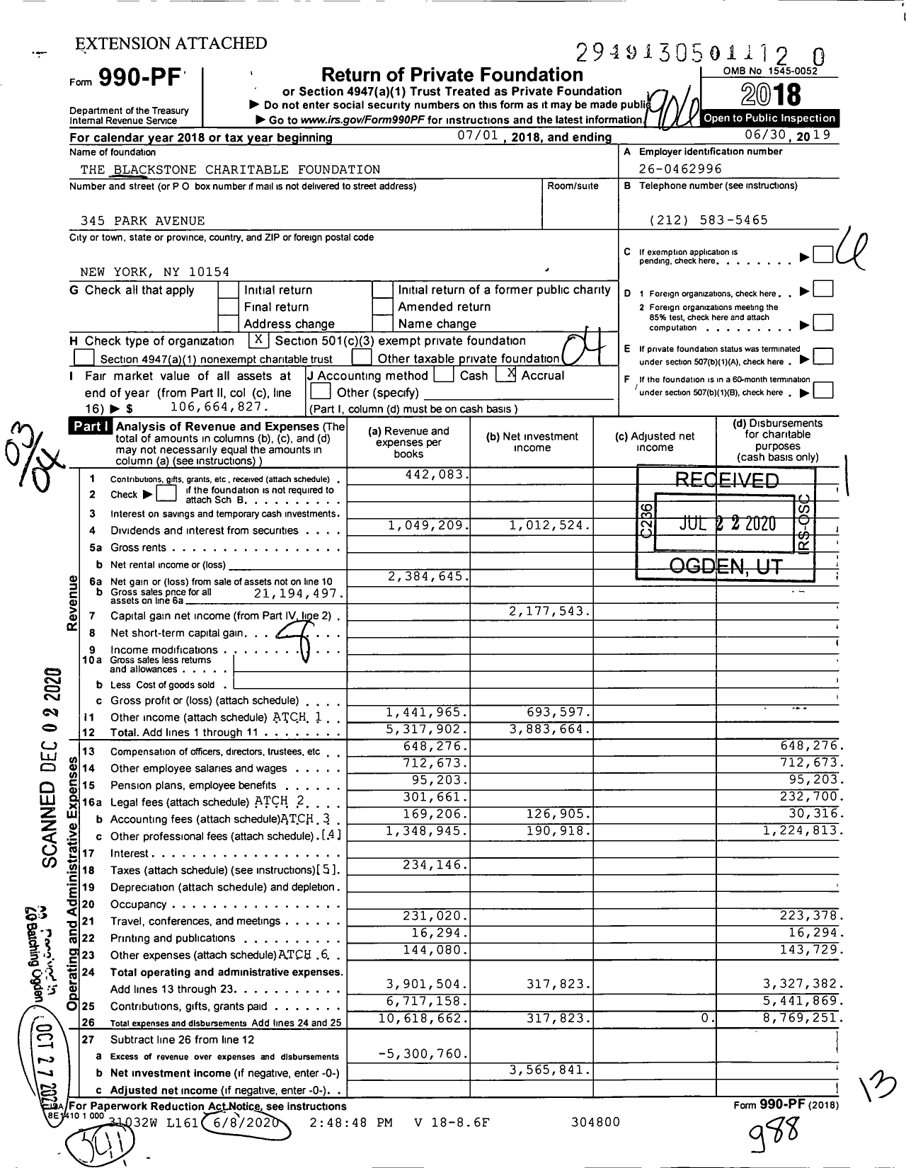 Image of first page of 2018 Form 990PF for The Blackstone Charitable Foundation