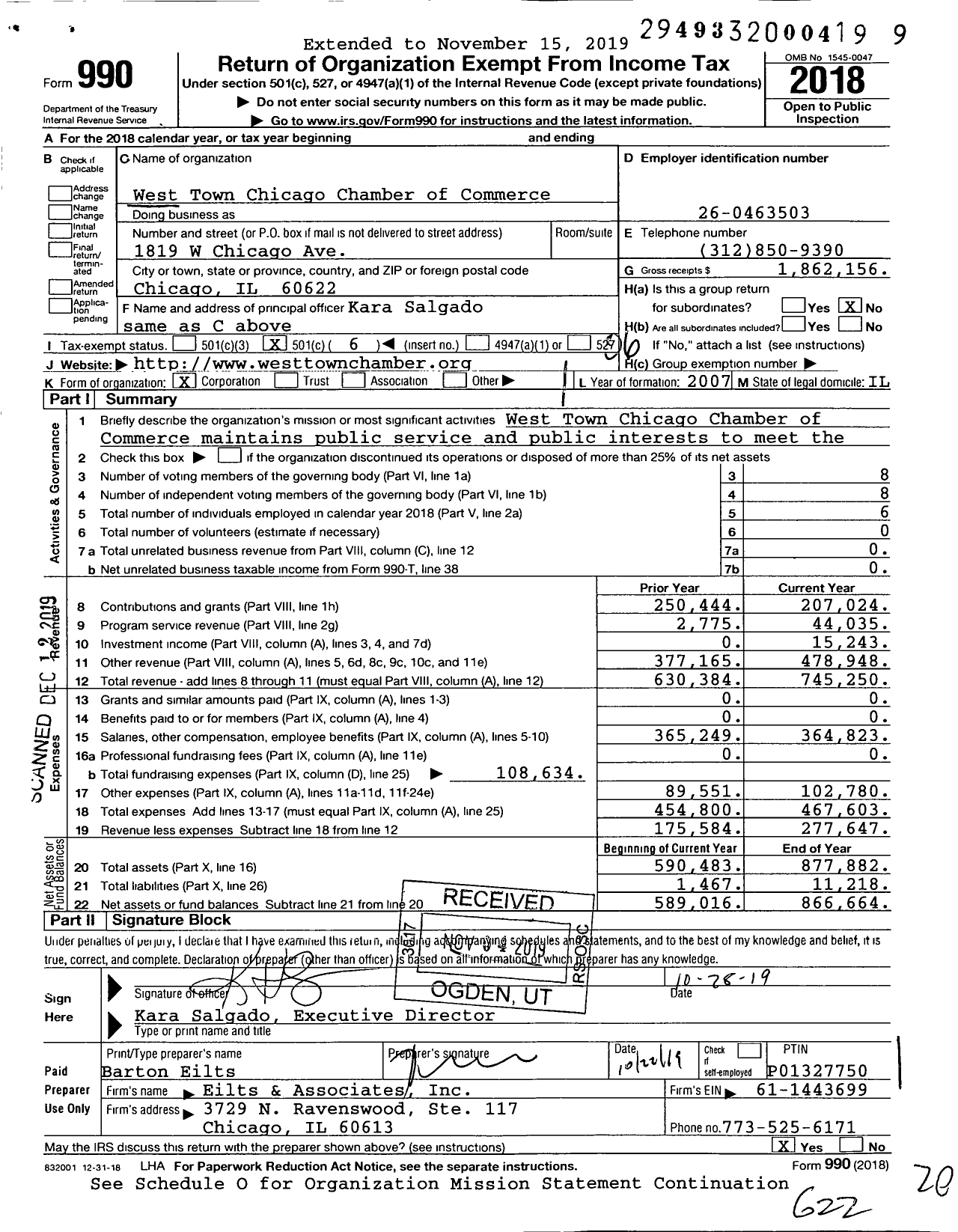 Image of first page of 2018 Form 990O for West Town Chicago Chamber of Commerce