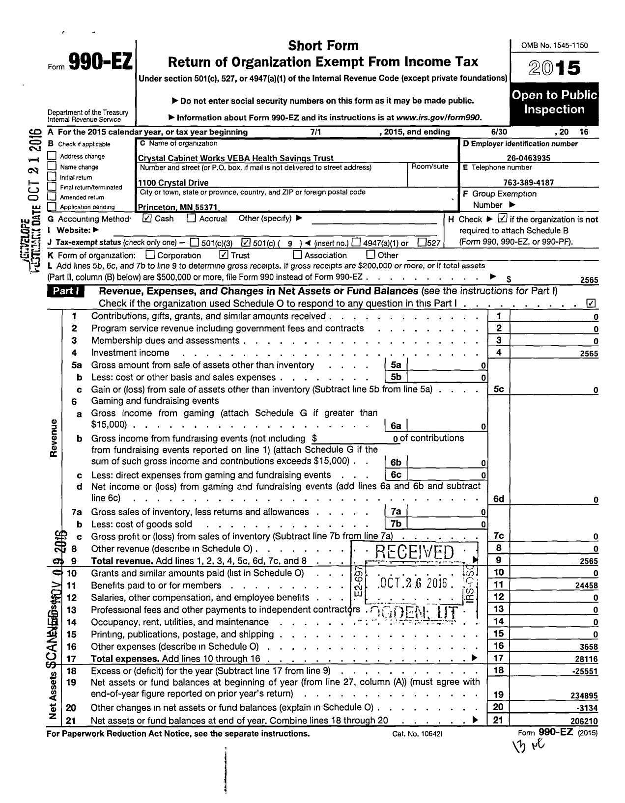 Image of first page of 2015 Form 990EO for Crystal Cabinet Works Veba Health Savings Trust