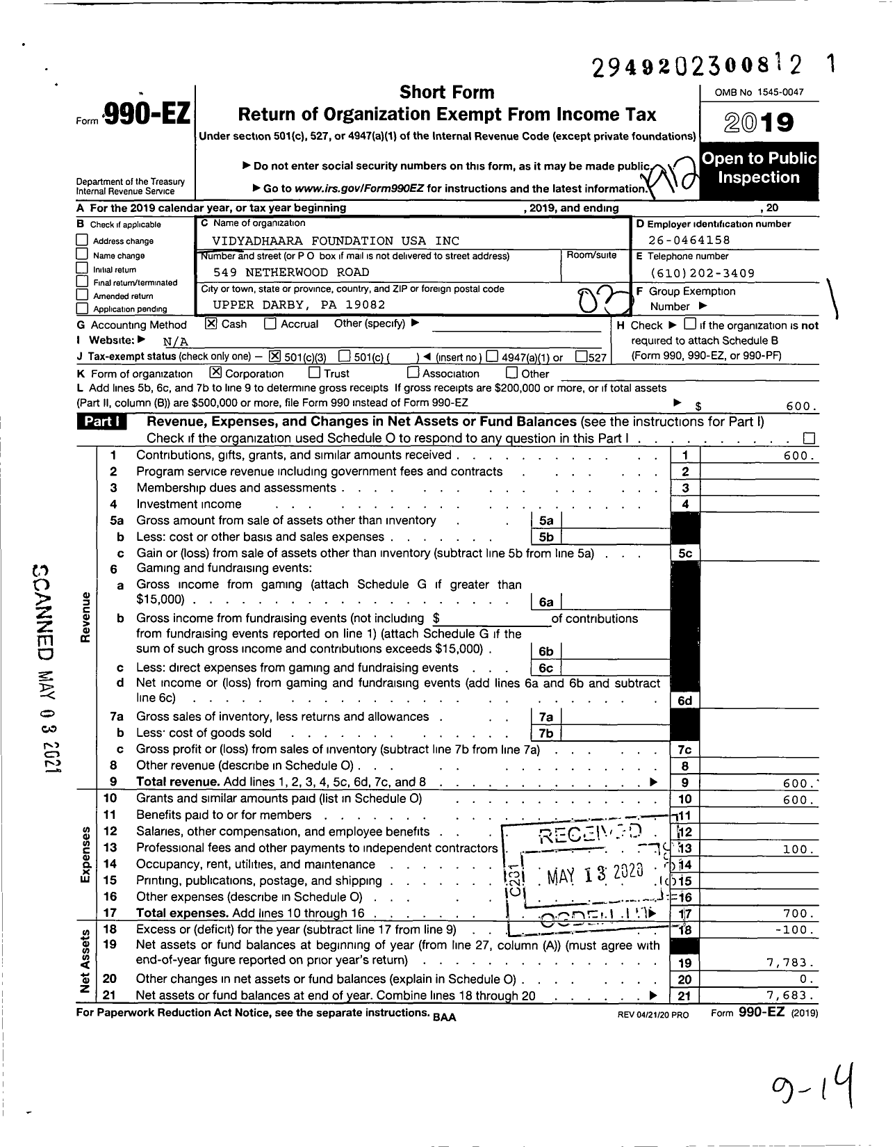 Image of first page of 2019 Form 990EZ for Vidyadhaara Foundation USA