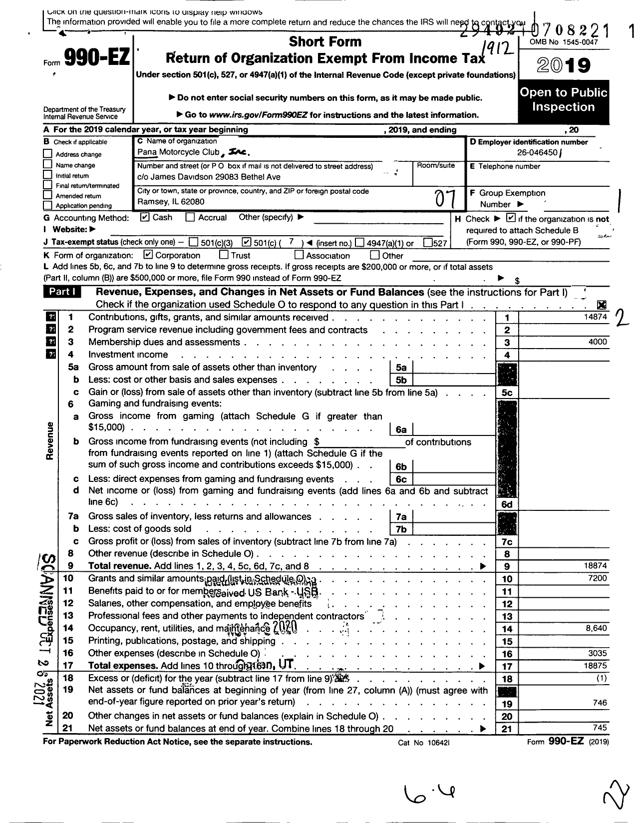 Image of first page of 2019 Form 990EO for Pana Motorcycle Club