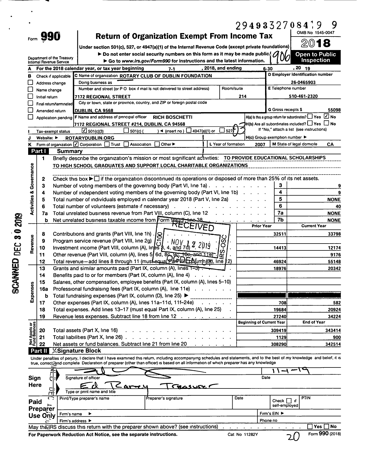 Image of first page of 2018 Form 990 for Rotary Club of Dublin Foundation