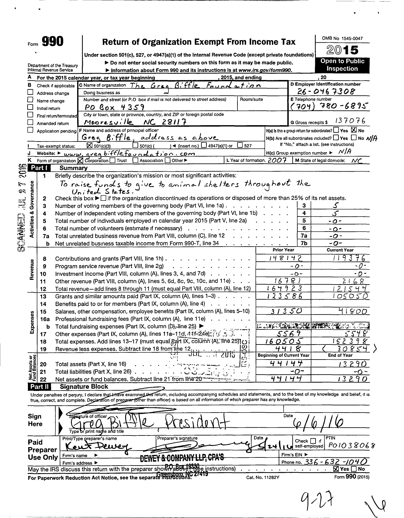 Image of first page of 2015 Form 990 for Greg Biffle Foundation