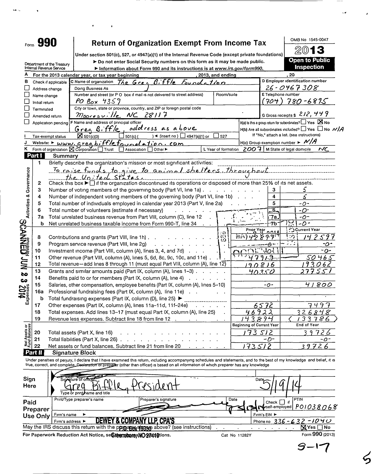 Image of first page of 2013 Form 990 for Greg Biffle Foundation