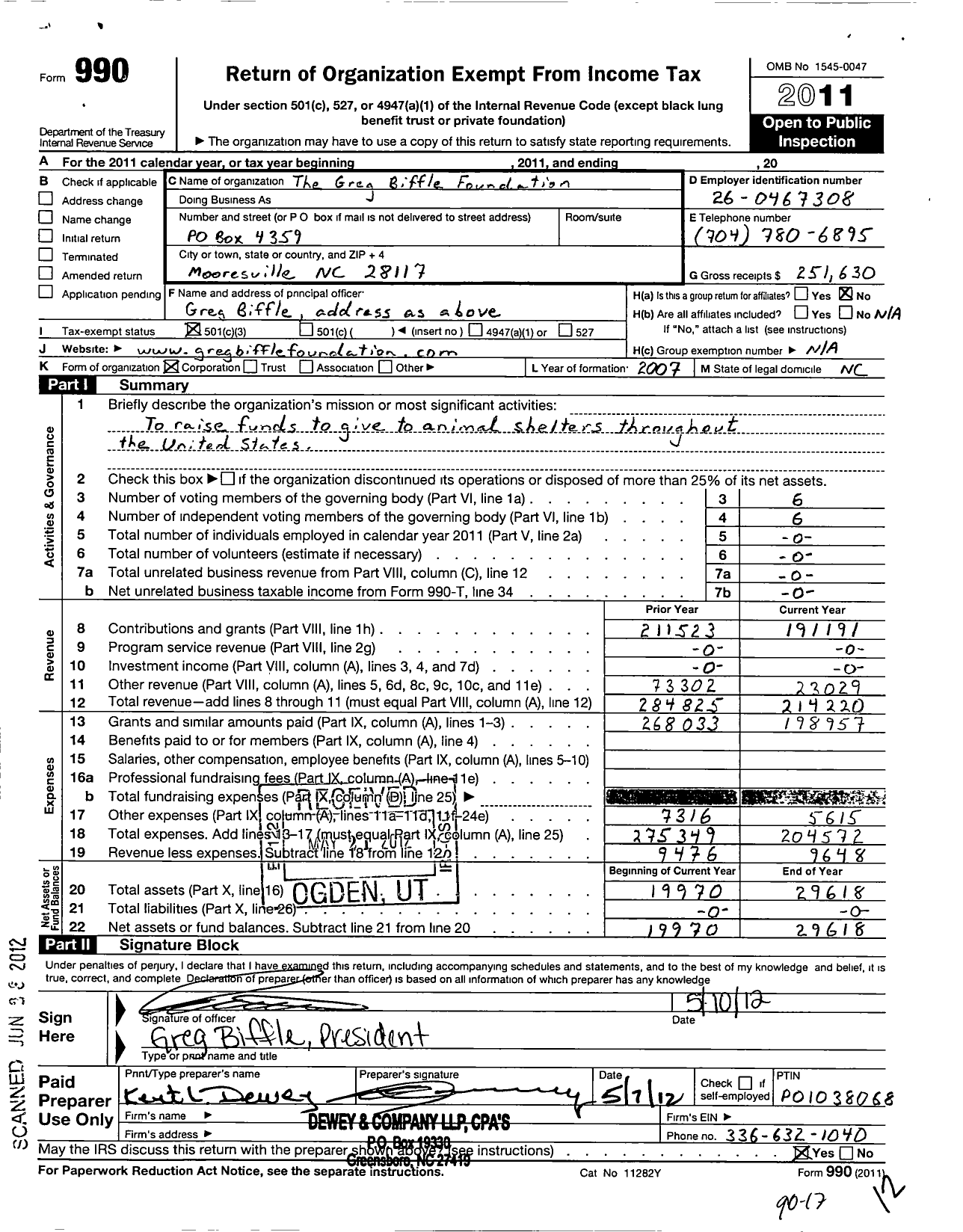 Image of first page of 2011 Form 990 for Greg Biffle Foundation