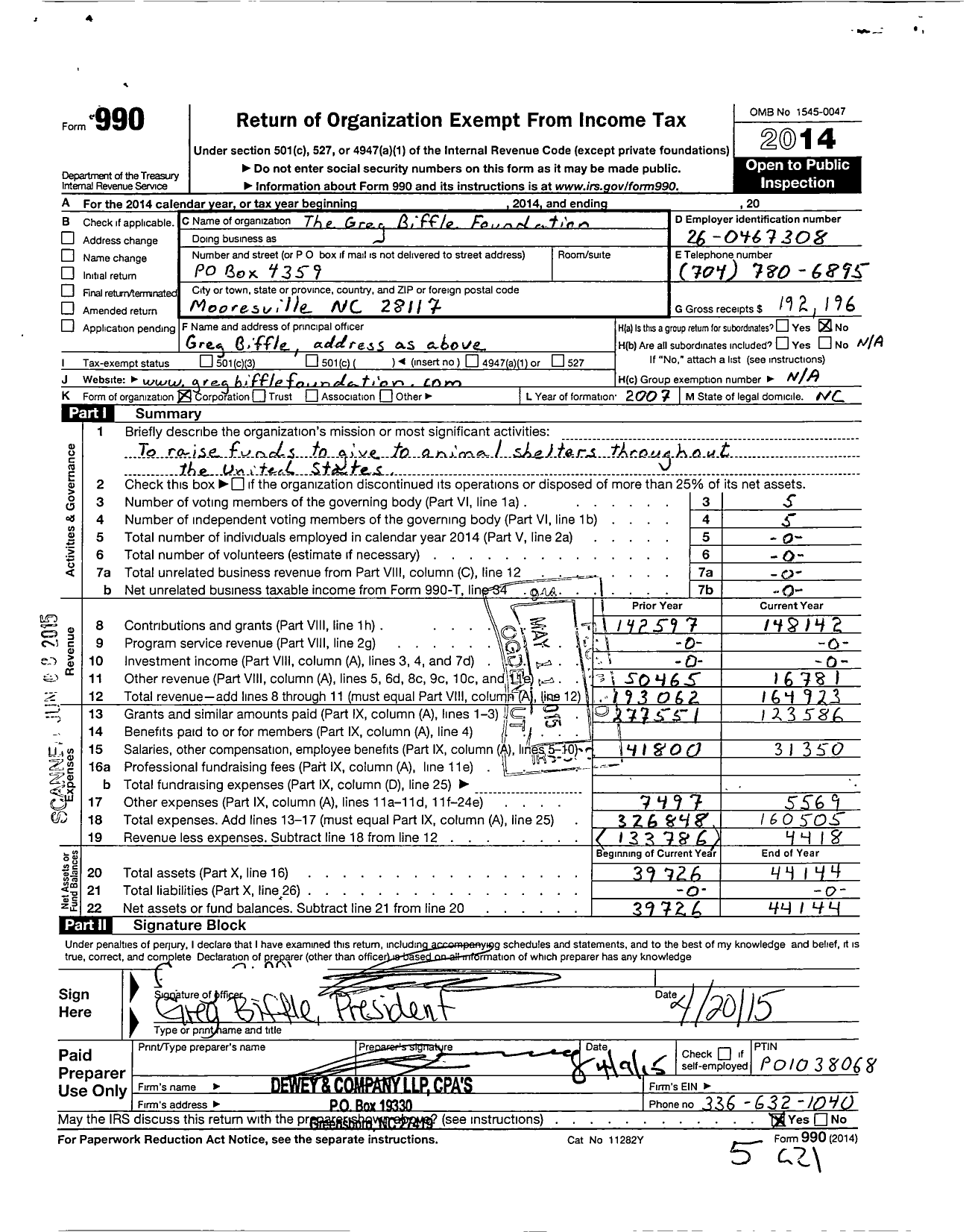 Image of first page of 2014 Form 990O for Greg Biffle Foundation