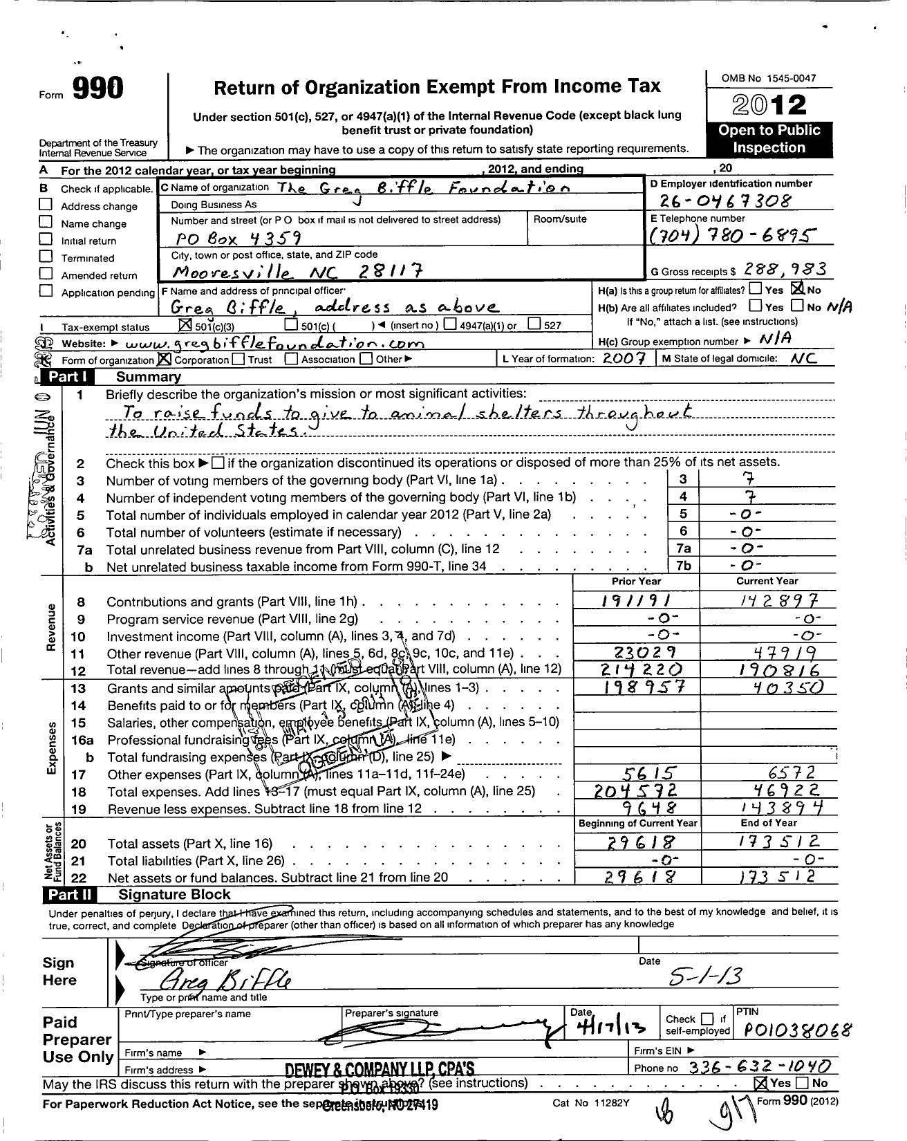 Image of first page of 2012 Form 990 for Greg Biffle Foundation