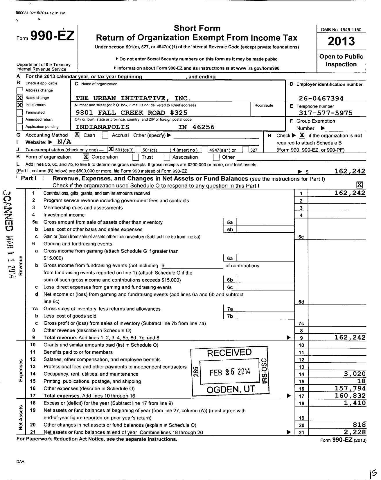 Image of first page of 2013 Form 990EZ for Urban Initiative