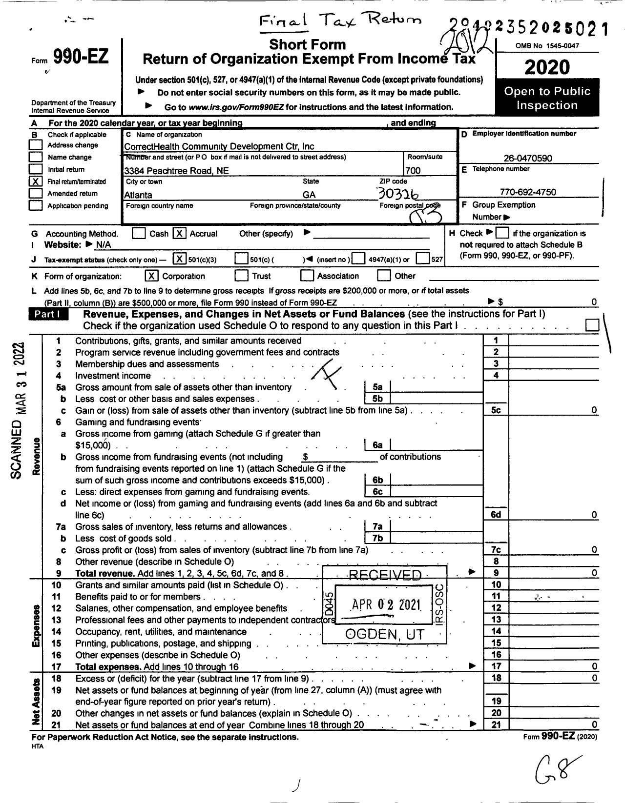 Image of first page of 2020 Form 990EZ for Correcthealth Community Development Center