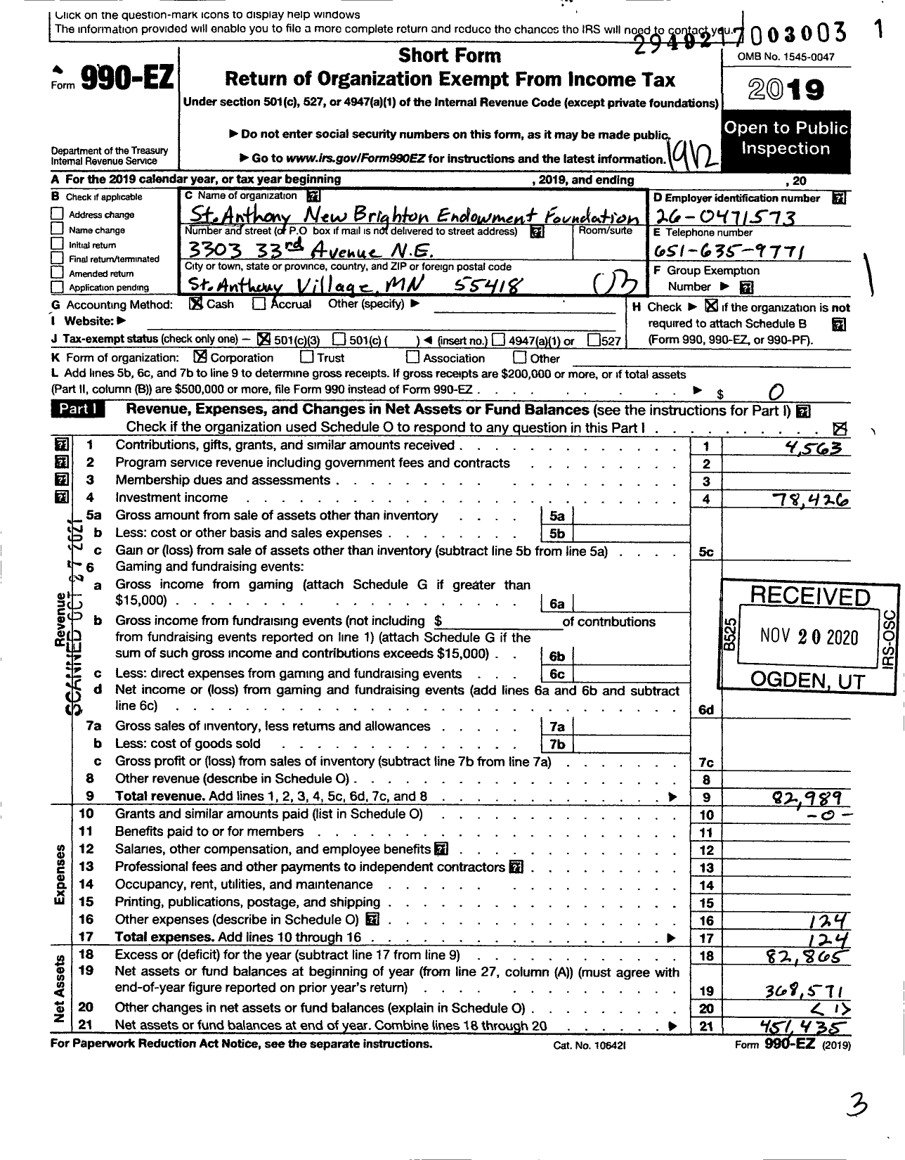 Image of first page of 2019 Form 990EZ for St Anthony New Brighton Endowment Foundation