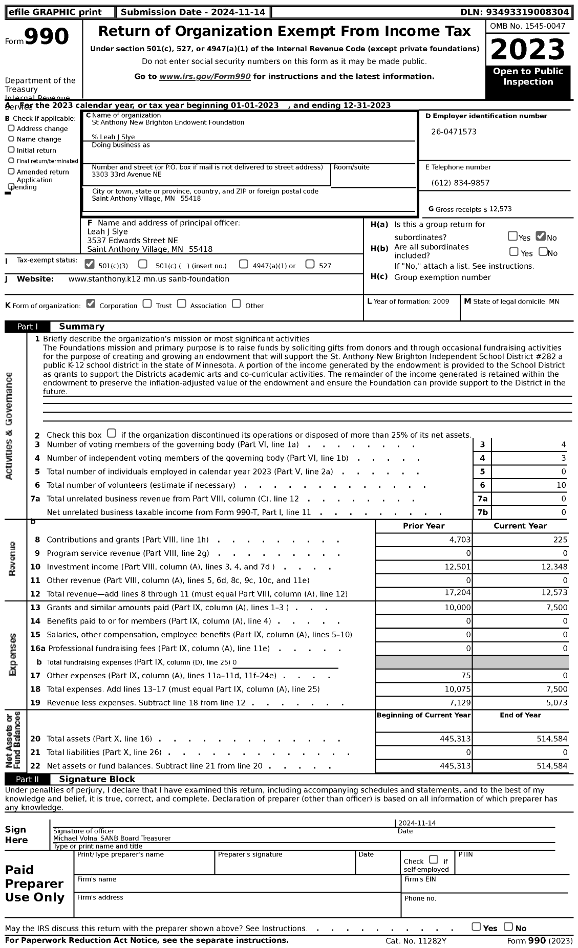 Image of first page of 2023 Form 990 for St Anthony New Brighton Endowment Foundation