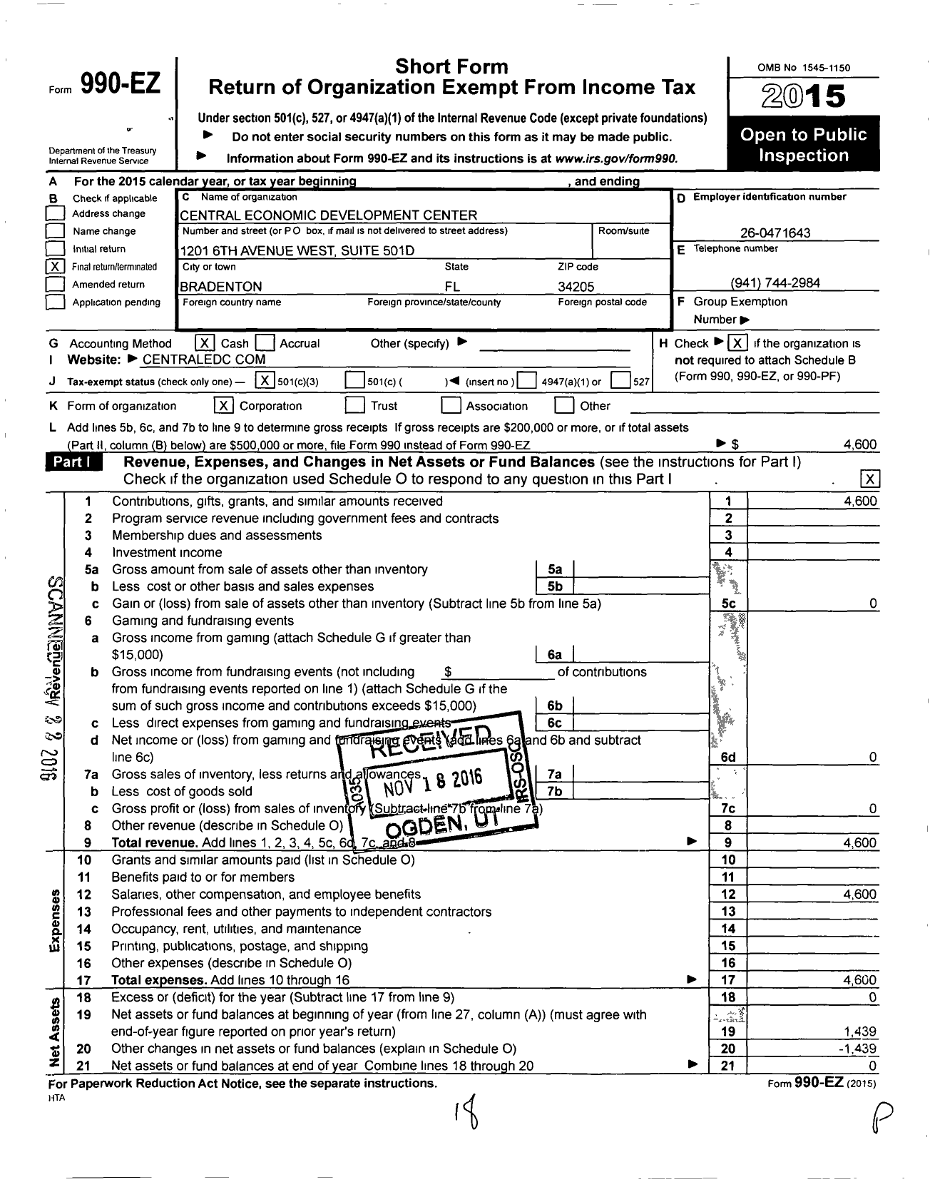 Image of first page of 2015 Form 990EZ for Central Economic Development Center