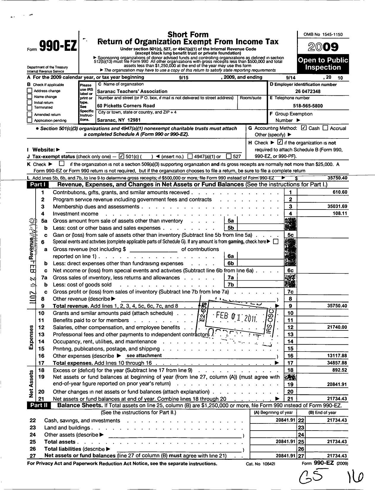 Image of first page of 2009 Form 990EO for American Federation of Teachers - 2983 Saranac Teachers Association