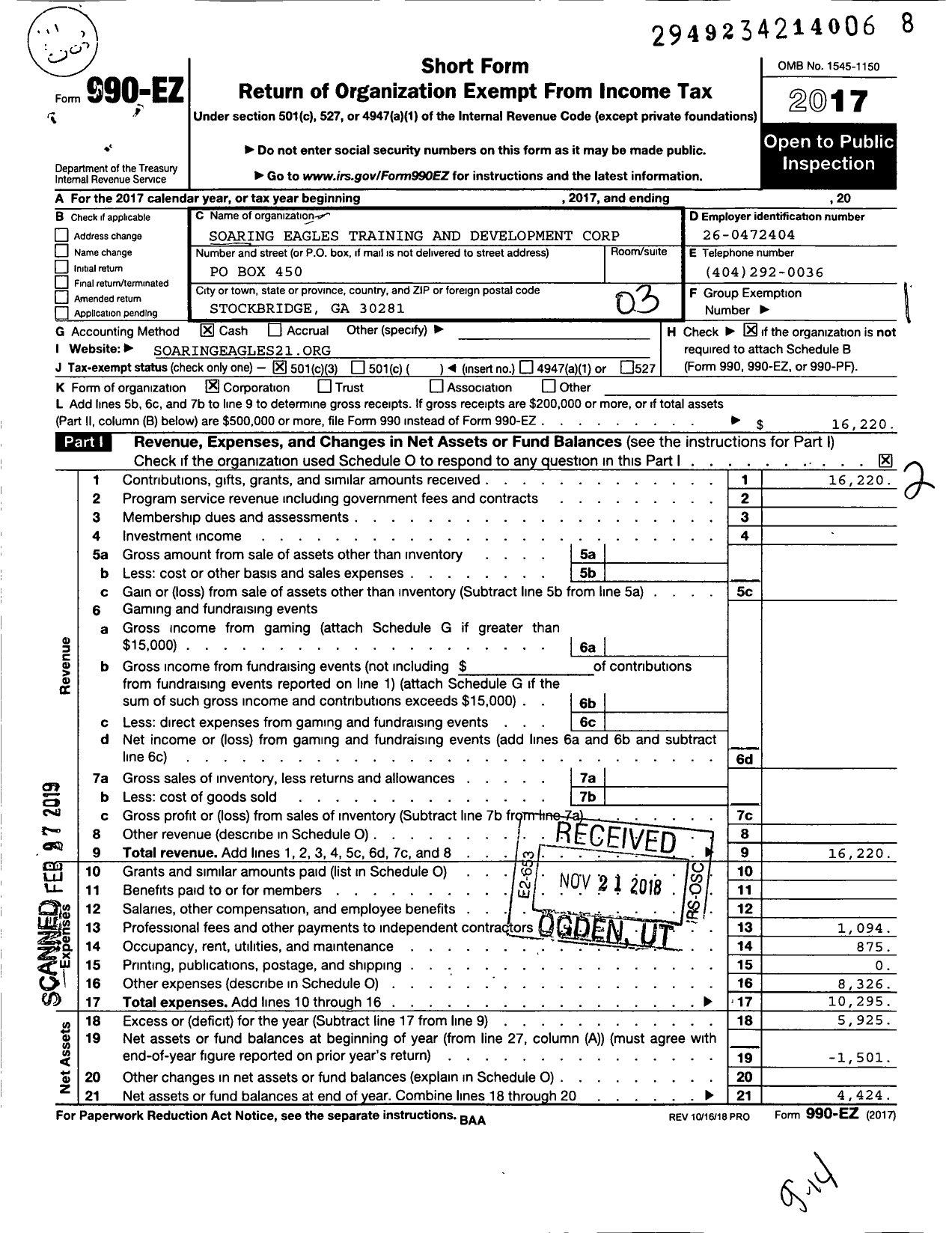 Image of first page of 2017 Form 990EZ for Soaring Eagles Training and Development Corporation