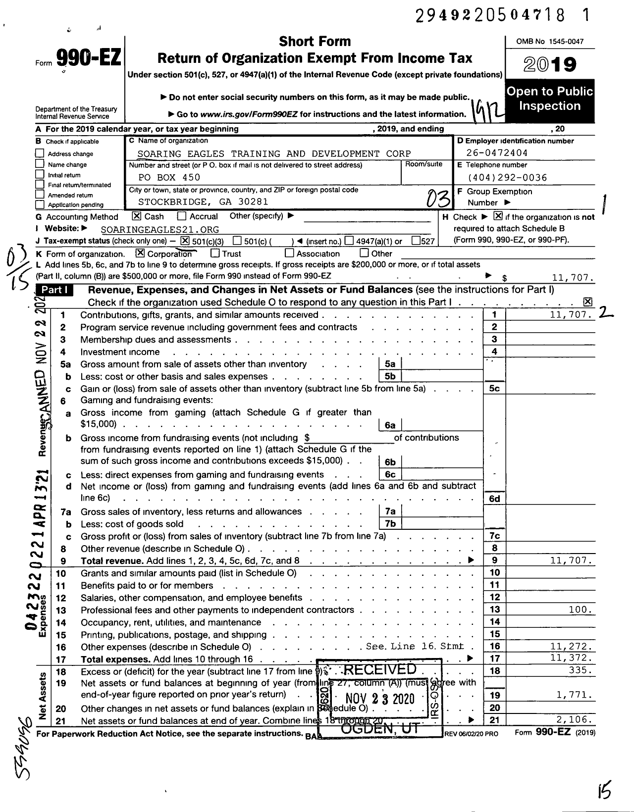 Image of first page of 2019 Form 990EZ for Soaring Eagles Training and Development Corporation