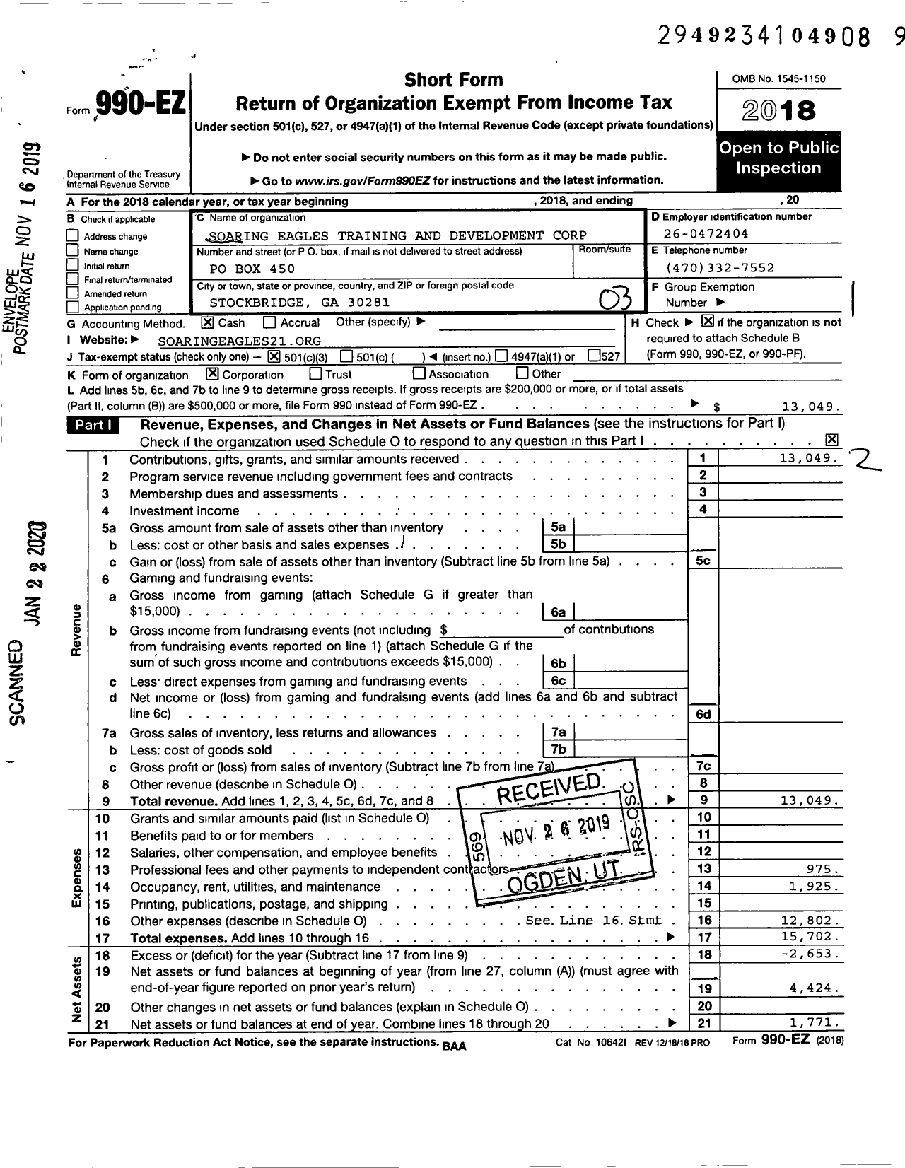 Image of first page of 2018 Form 990EZ for Soaring Eagles Training and Development Corporation