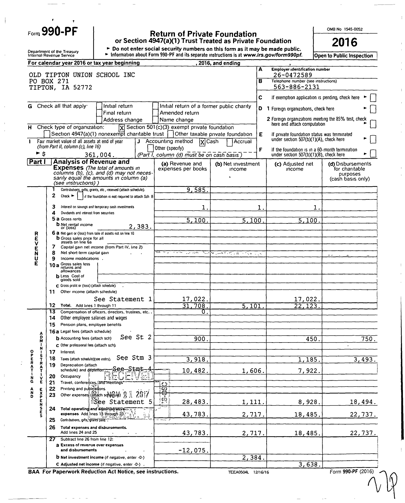 Image of first page of 2016 Form 990PF for Old Tipton Union School