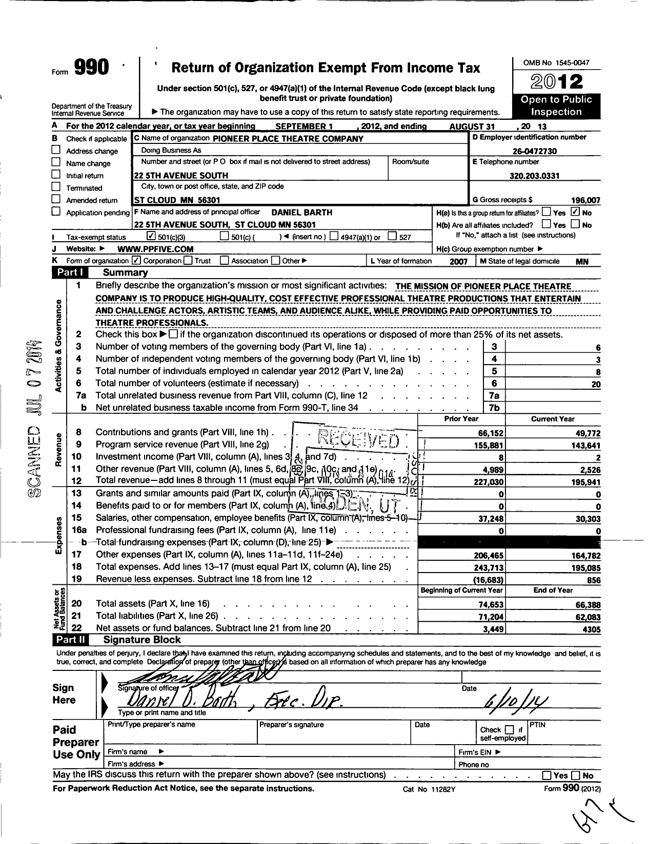 Image of first page of 2012 Form 990 for Pioneer Place Theatre Company