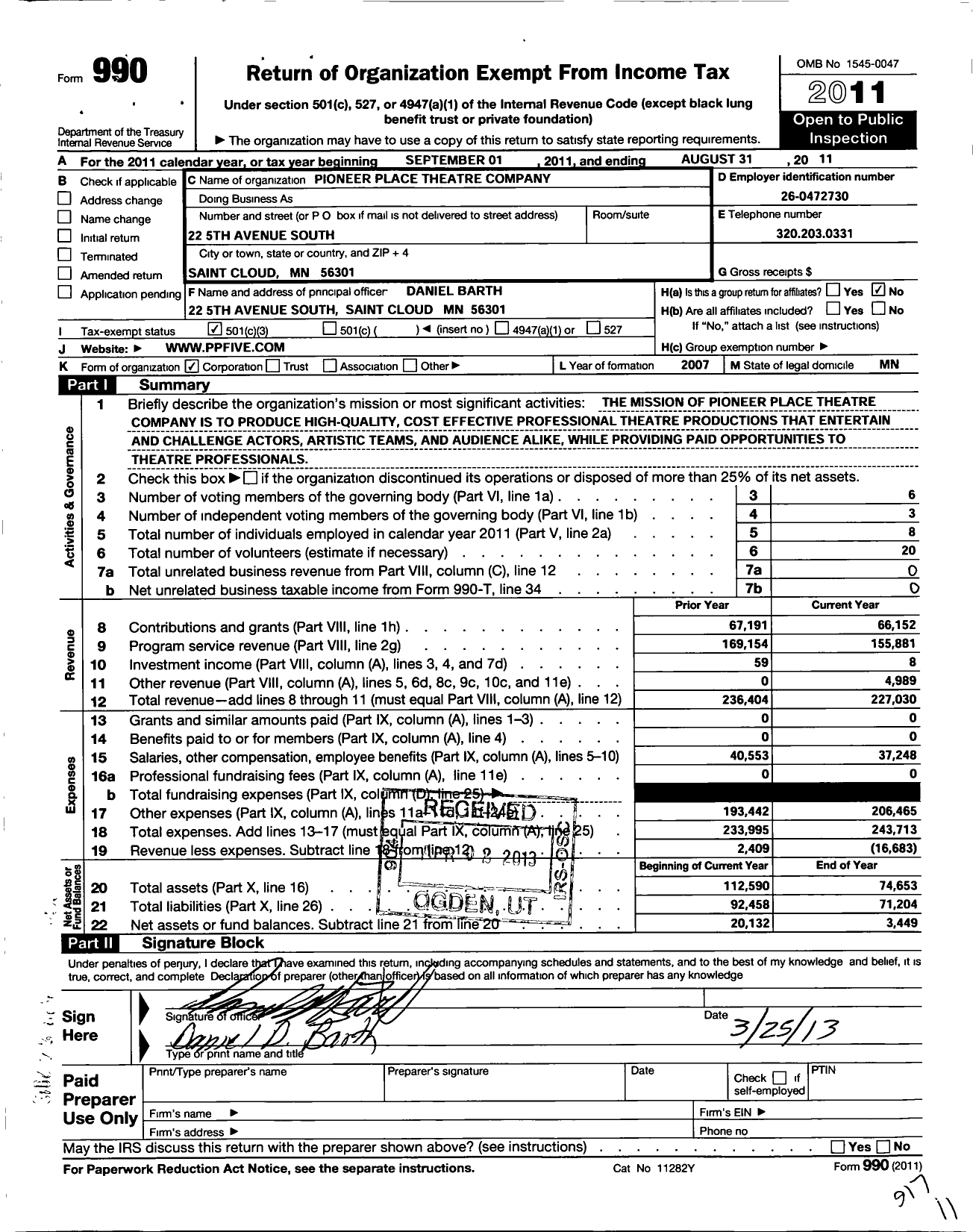 Image of first page of 2010 Form 990 for Pioneer Place Theatre Company