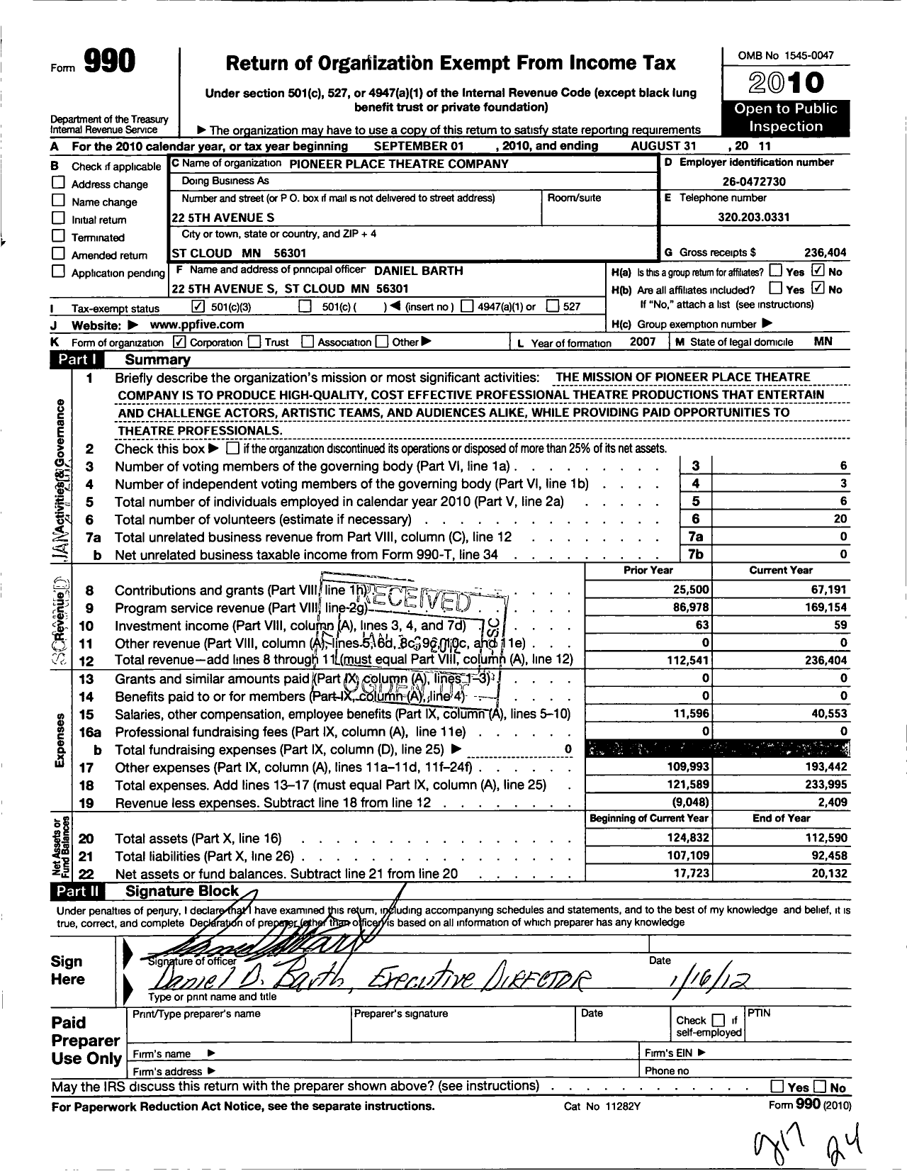 Image of first page of 2010 Form 990 for Pioneer Place Theatre Company