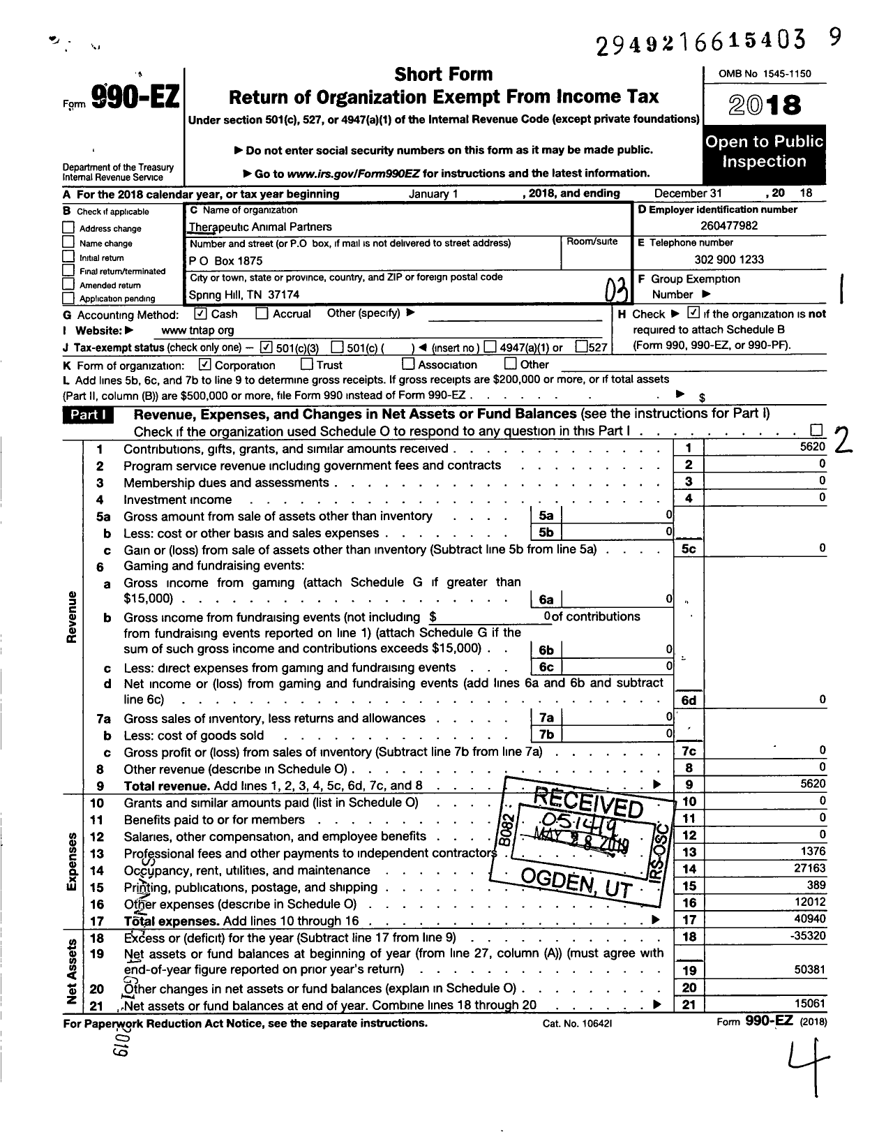 Image of first page of 2018 Form 990EZ for Therapeutic Animal Partners