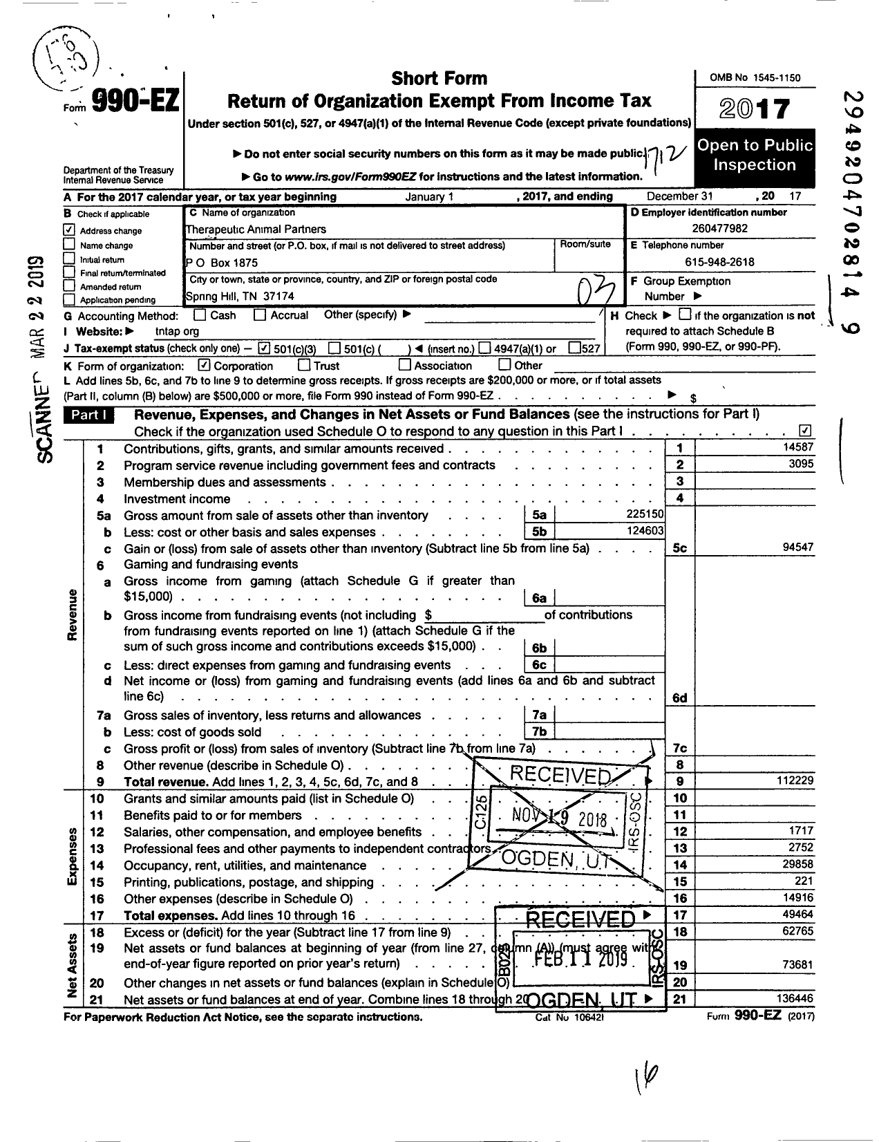 Image of first page of 2017 Form 990EZ for Therapeutic Animal Partners