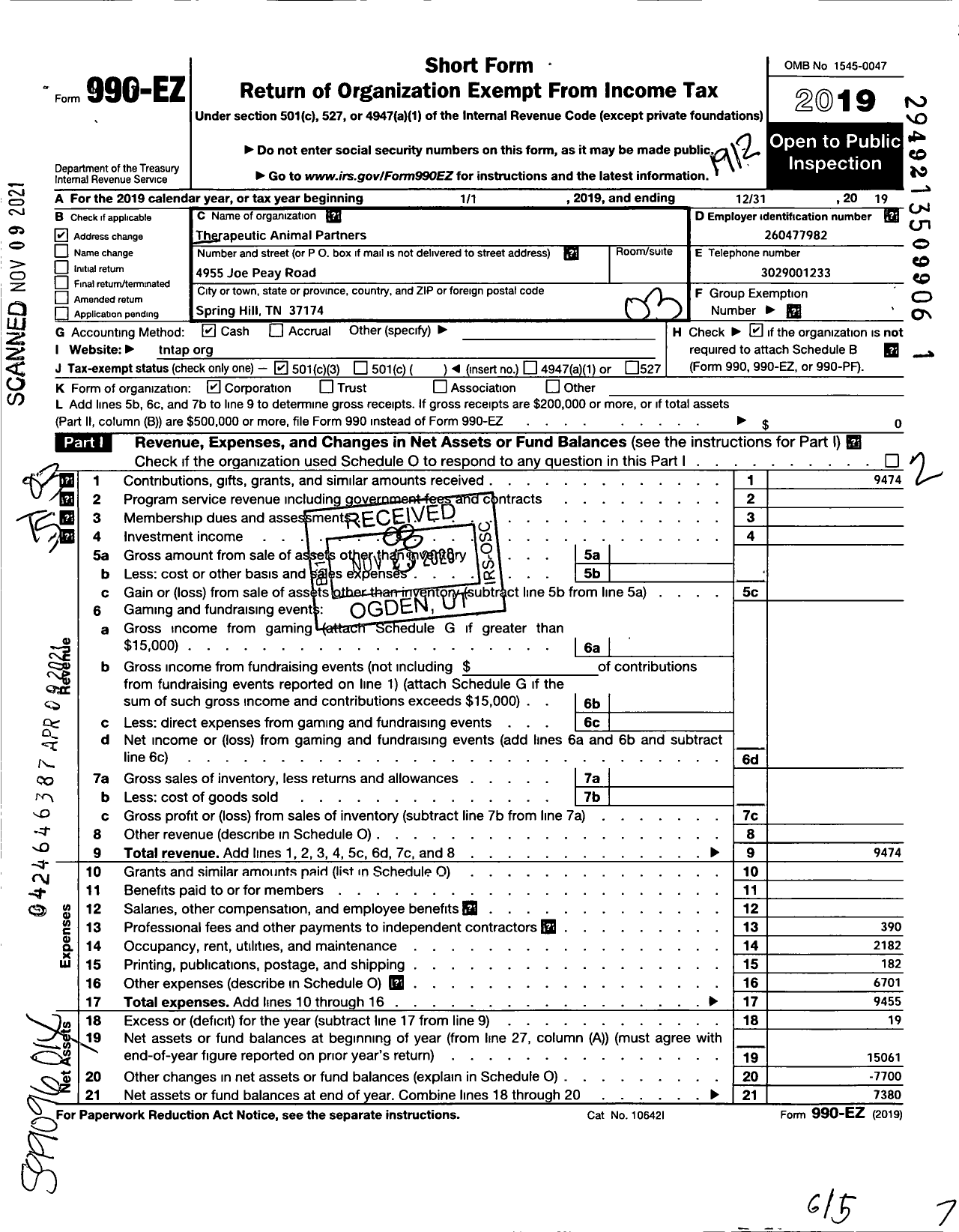 Image of first page of 2019 Form 990EZ for Therapeutic Animal Partners