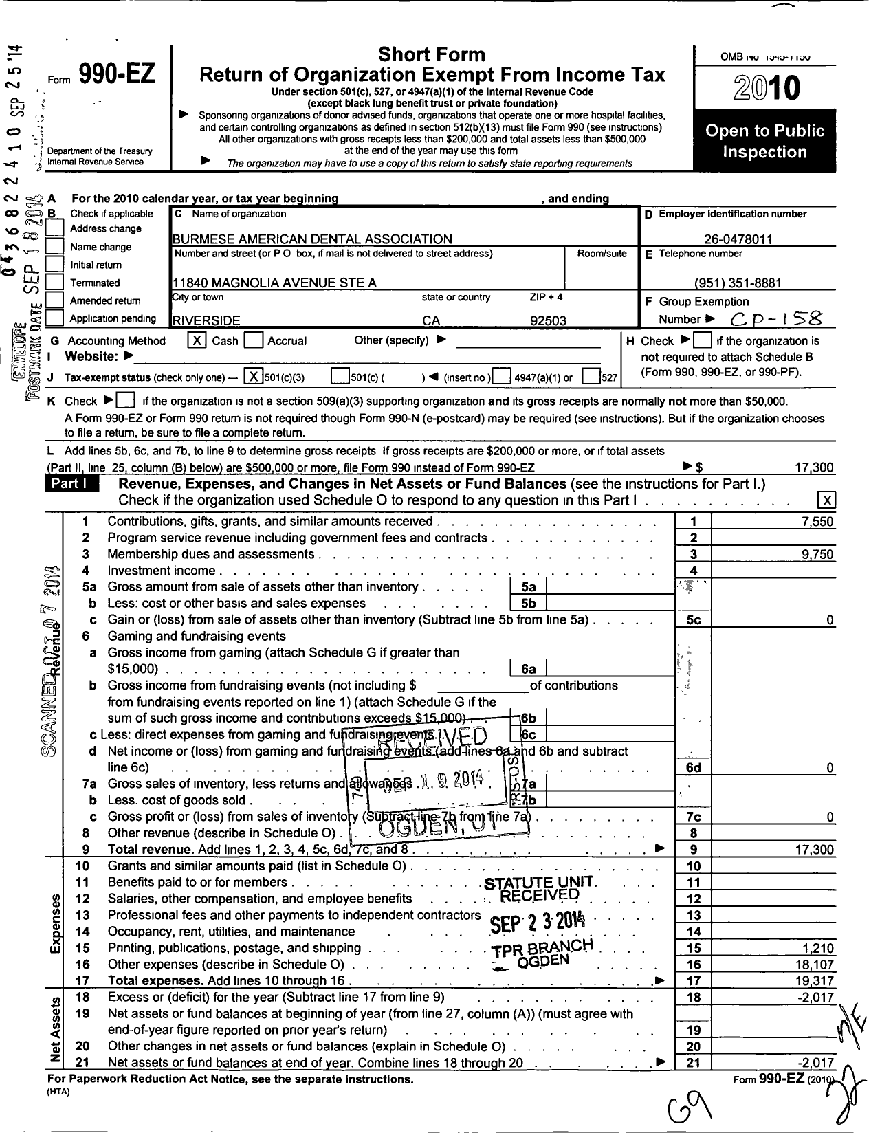 Image of first page of 2010 Form 990EZ for Burmese American Dental Association