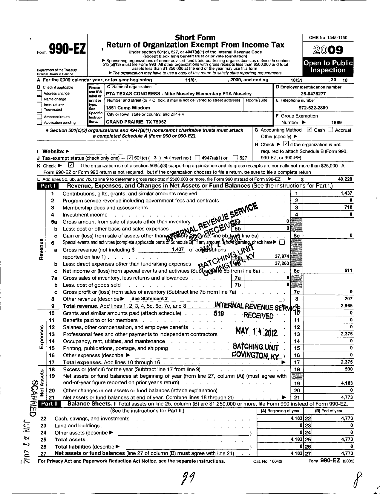 Image of first page of 2009 Form 990EZ for Texas PTA - 11789 Mike Moseley Elem PTA