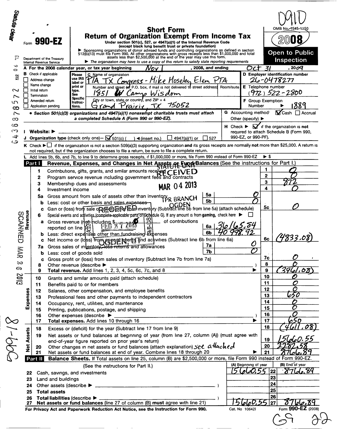 Image of first page of 2008 Form 990EZ for Texas PTA - 11789 Mike Moseley Elem PTA