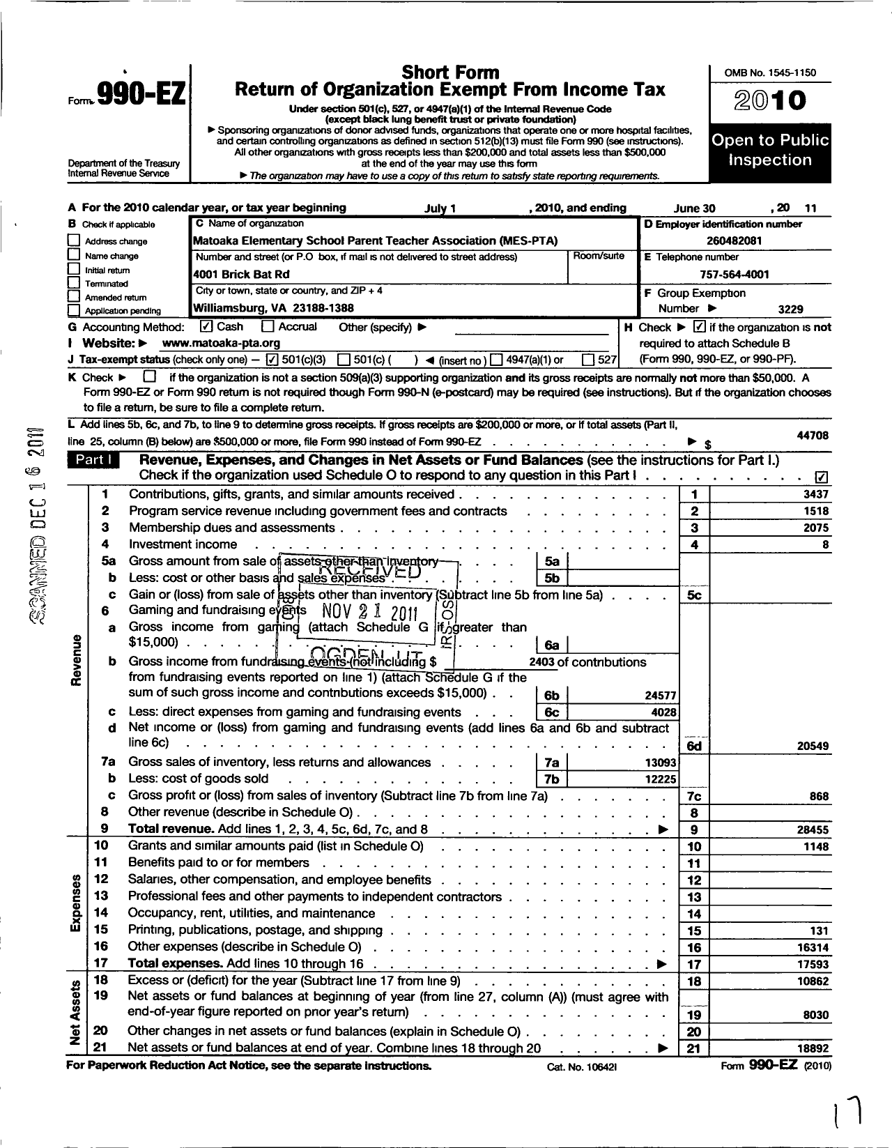 Image of first page of 2010 Form 990EZ for Virginia PTA - Matoaka Elementary School PTA