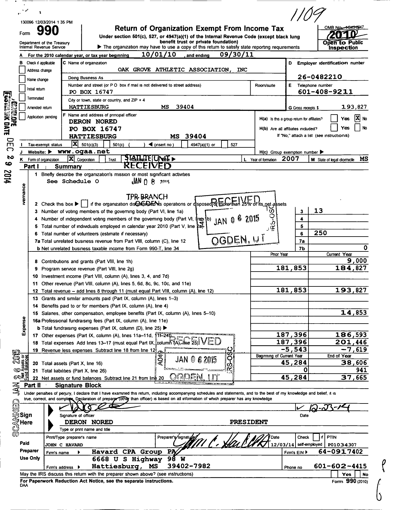 Image of first page of 2010 Form 990 for Oak Grove Athletic Association